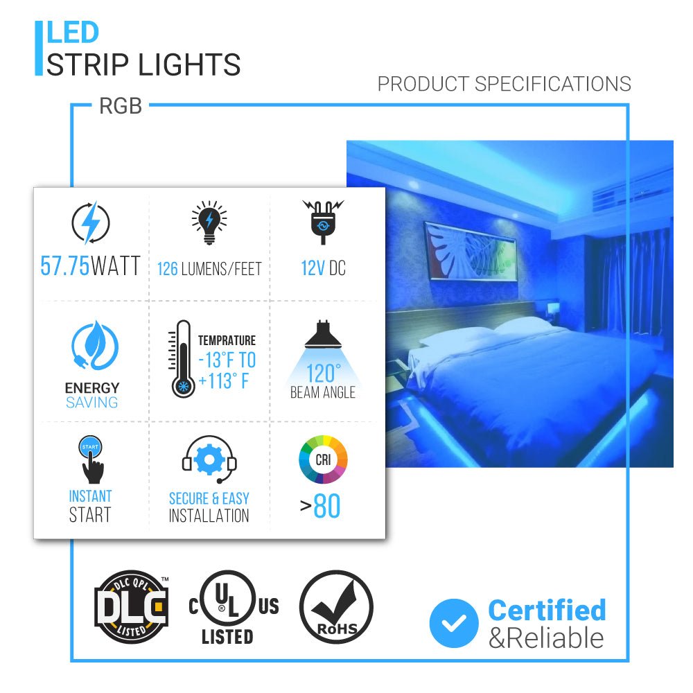 12V Flexible LED Strip Lights with DC Connector - 126 Lumens/ft, SMD5050, IP65 Waterproof - Perfect for Home Decoration, Under Cabinet Lighting, and DIY Projects