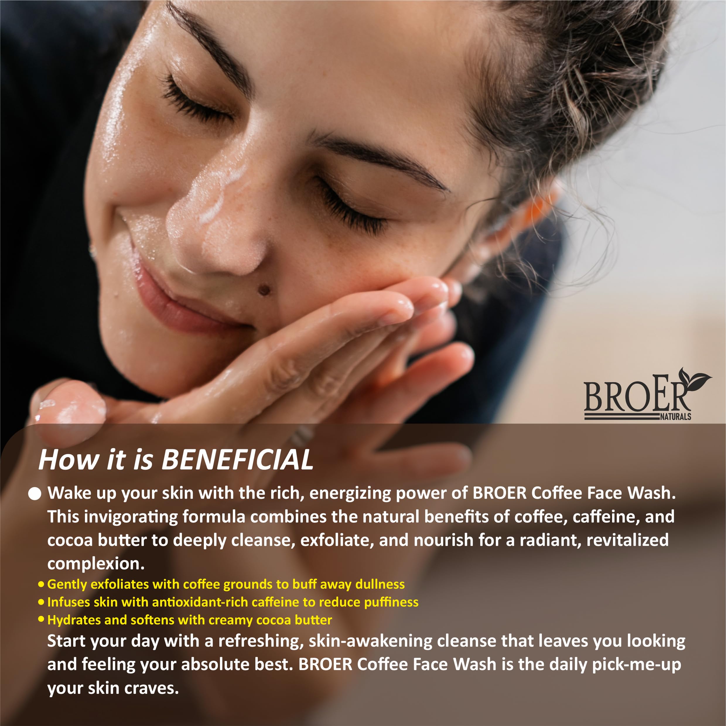 BROER Coffee Face Wash for Men & Women - 200ml Deep Cleansing Facial Cleanser with Coffee, Caffeine & Cocoa Butter - Removes Blackheads, De-Tans & Exfoliates - Perfect for Morning & Night Skincare Routine