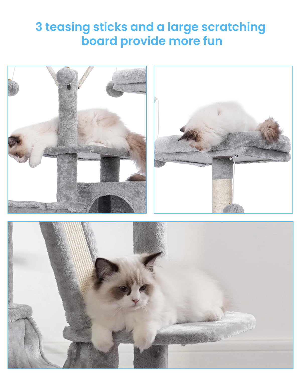 Hey-brother 53 Inch Cat Tree for Indoor Cats - Multi-Level Cat Tower with Cozy Condo, Padded Platform Bed, Hammocks, Sisal Scratching Posts & Toy Balls (Light Gray) - Perfect for Play, Rest & Climbing in Living Rooms & Bedrooms
