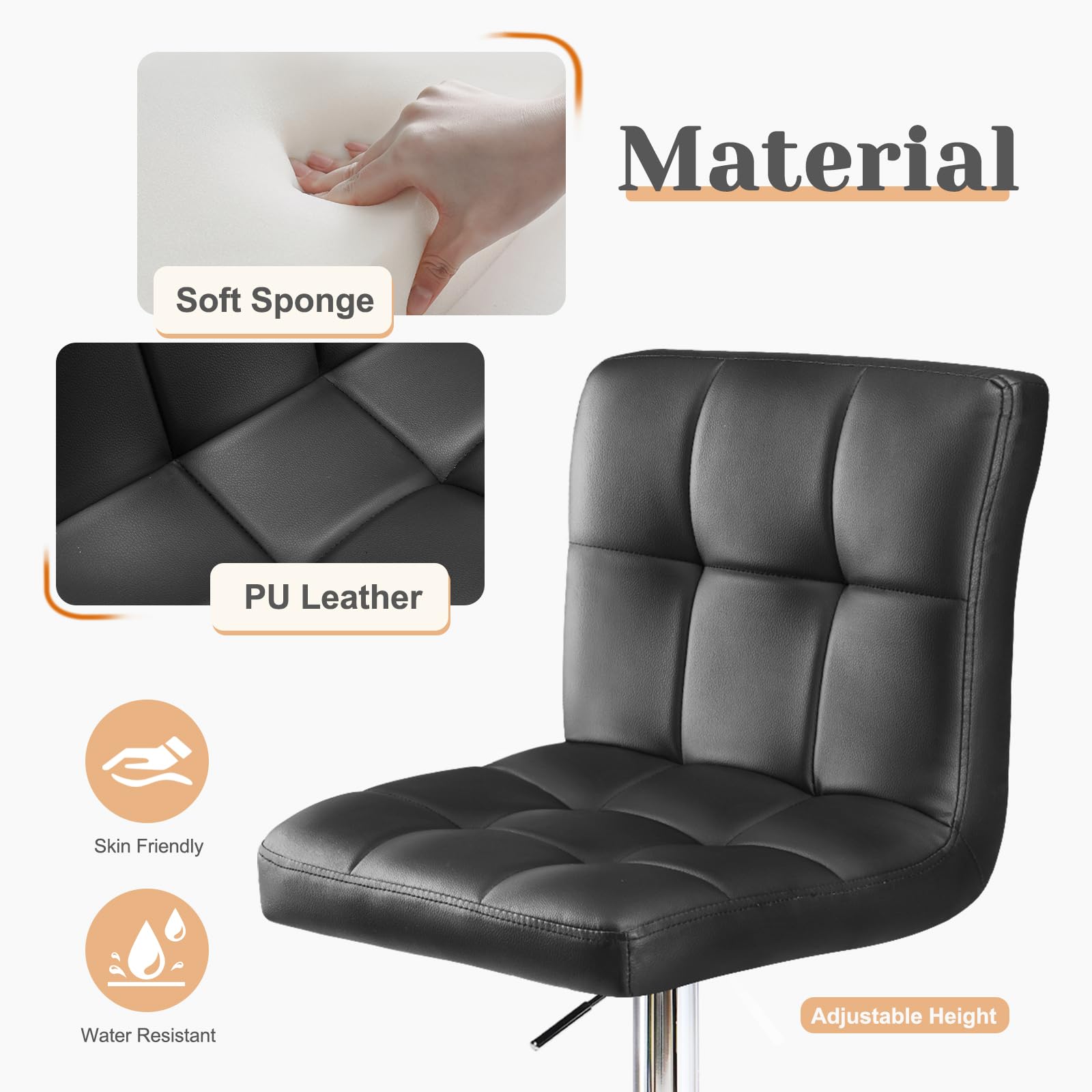 4 Pack Adjustable Swivel Bar Stools - PU Leather Hydraulic Counter Height Kitchen Stools with Thickened Cushion & Back Support, Armless Square Barstools for Kitchen Island, Breakfast Nook & Home Bar