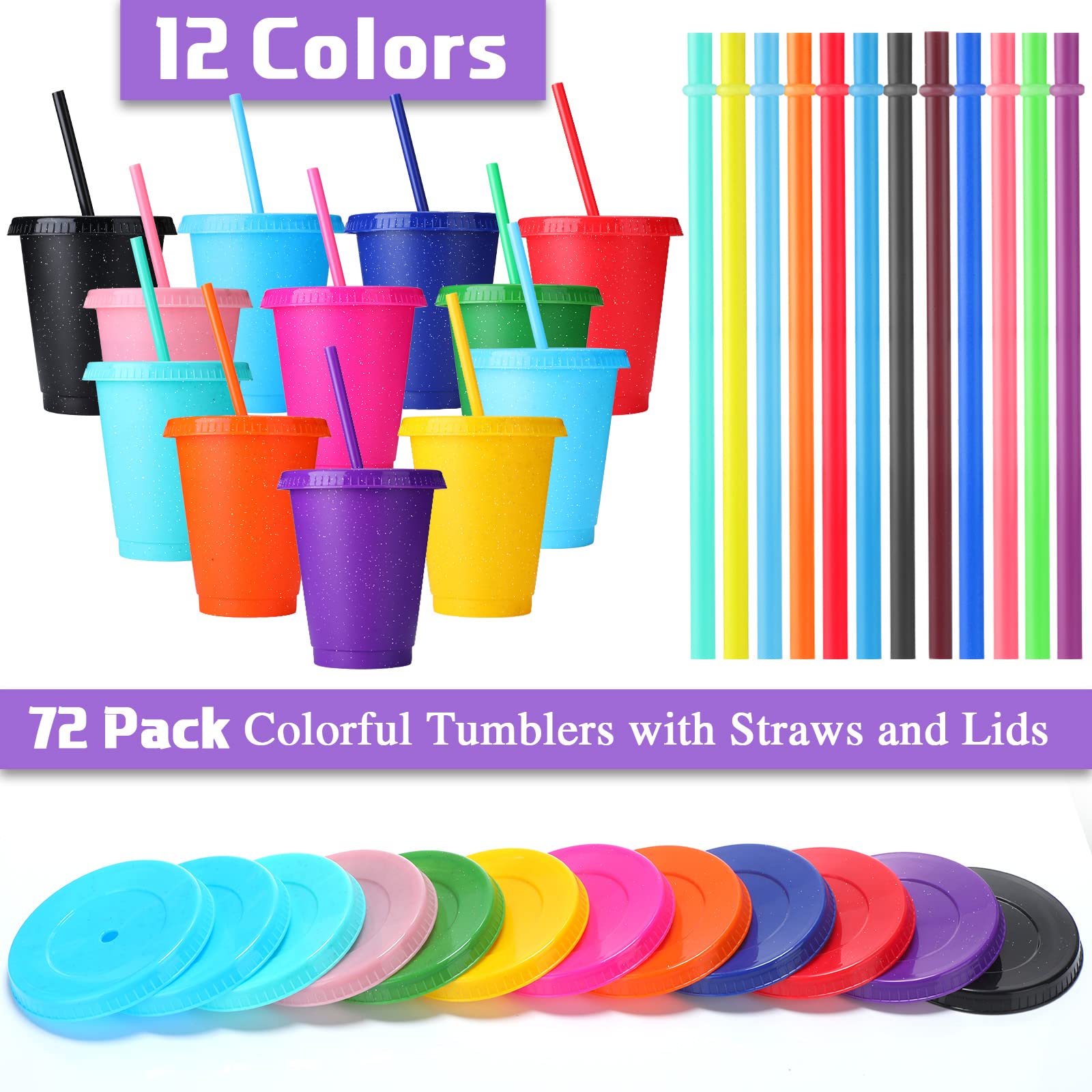 72 Pcs Glitter Reusable Plastic Tumblers with Lids & Straws - 16oz (500ml) Colorful Party Cups for Adults, Birthday Celebrations, Coffee & Cocktails - Bulk Pack for Events, Picnics & Home Use