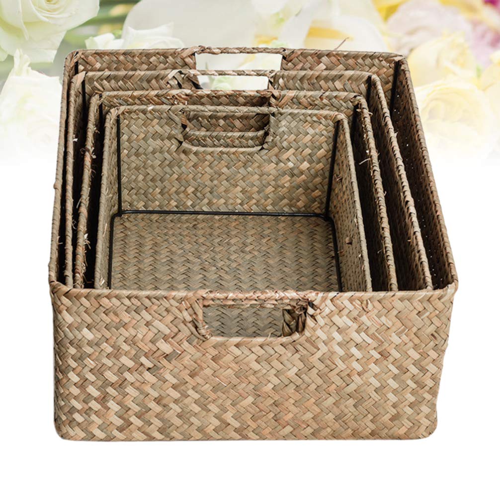4-Piece Rectangular Wicker Storage Baskets with Handles - Seaweed Makeup Organizer Set for Cosmetics, Toys & Sundries | Perfect for Bedroom, Bathroom, Wardrobe & Home Organization