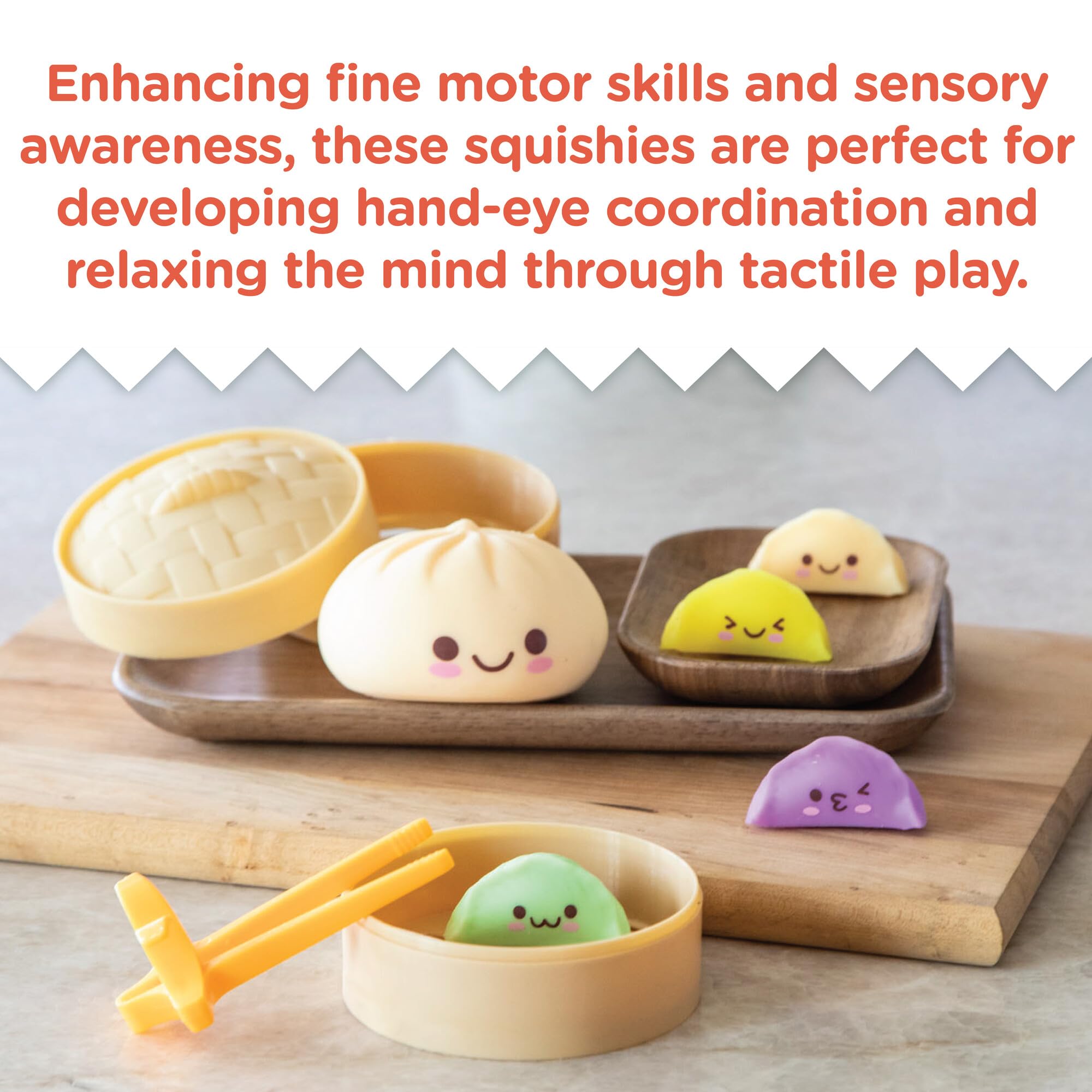 MindWare Foodie Fidgets Set - 3 Pack Squishy Sensory Toys (Ramen Noodles, Bao Bun, Dumplings & Sushi Tray) for Stress Relief - Fun Fidget Toys for Kids & Adults - Perfect for Anxiety Relief, Office Desk & Classroom Focus