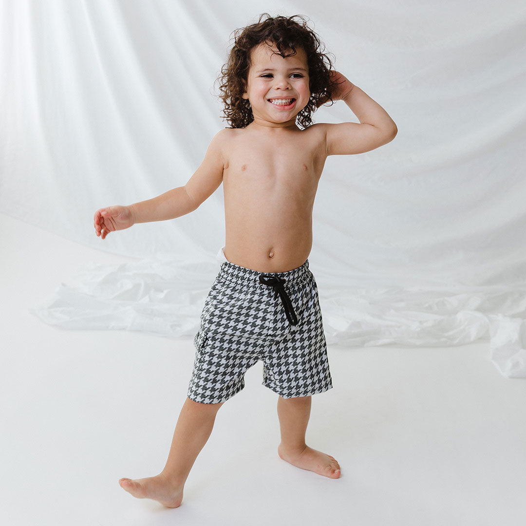 Houndstooth Print Boys Swim Trunks - Quick Dry Swim Shorts for Kids - Perfect for Pool, Beach & Summer Water Activities