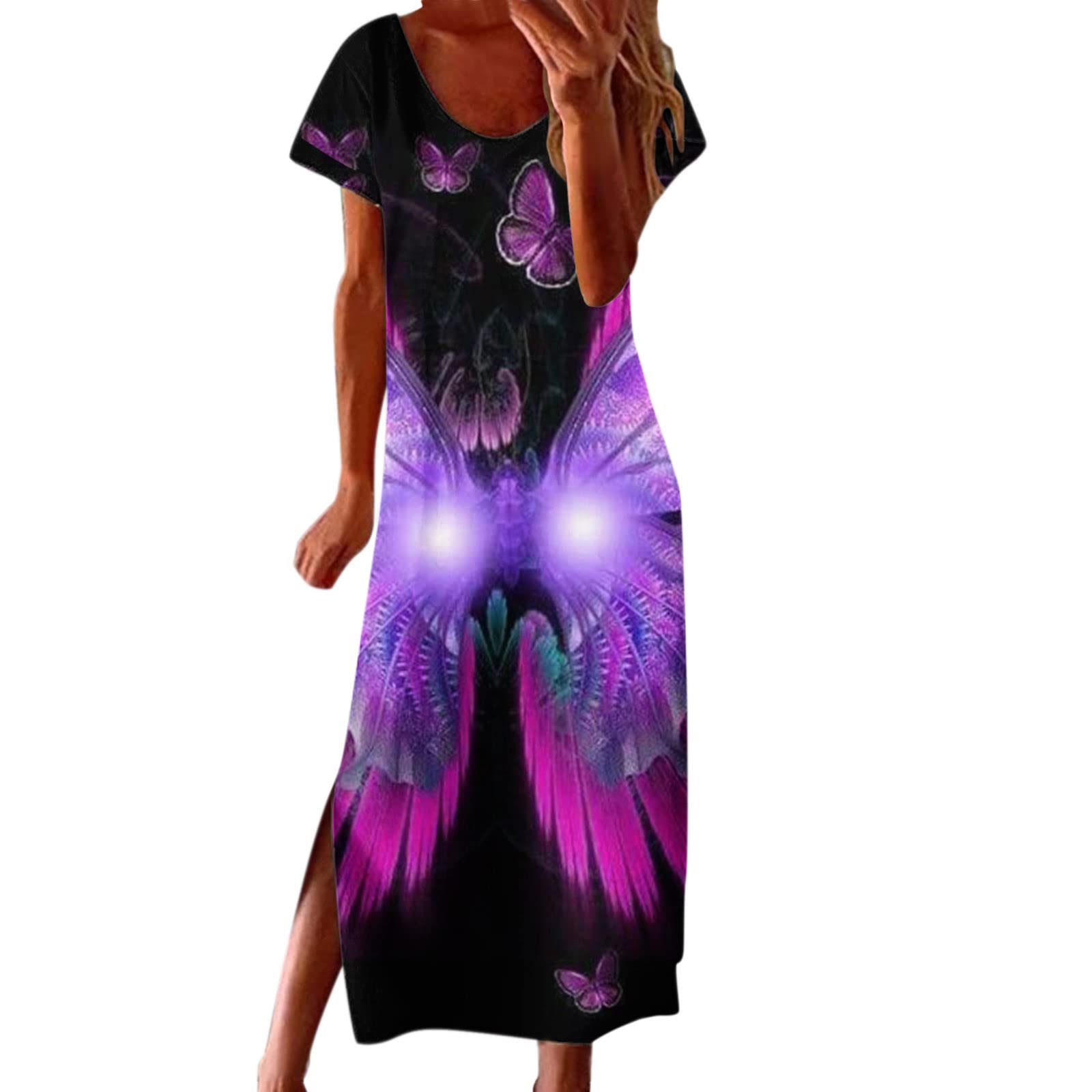 Black Swing Dress for Women - Casual Loose Gradient Print Short Sleeve Round Neck Side Slit Long Dress - Perfect for Work, Party & Everyday Wear (Purple, Medium)