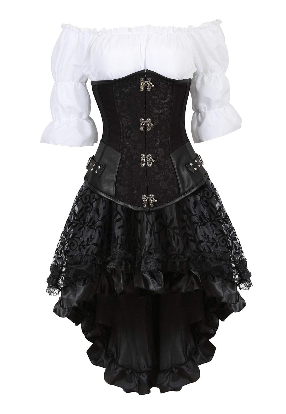 Steampunk Corset Bustier & Skirt Set for Women - 3-Piece Victorian Waist Cincher Outfit with Blouse | Gothic Lingerie, Cosplay Costume, Burlesque Fashion for Halloween & Renaissance Fairs