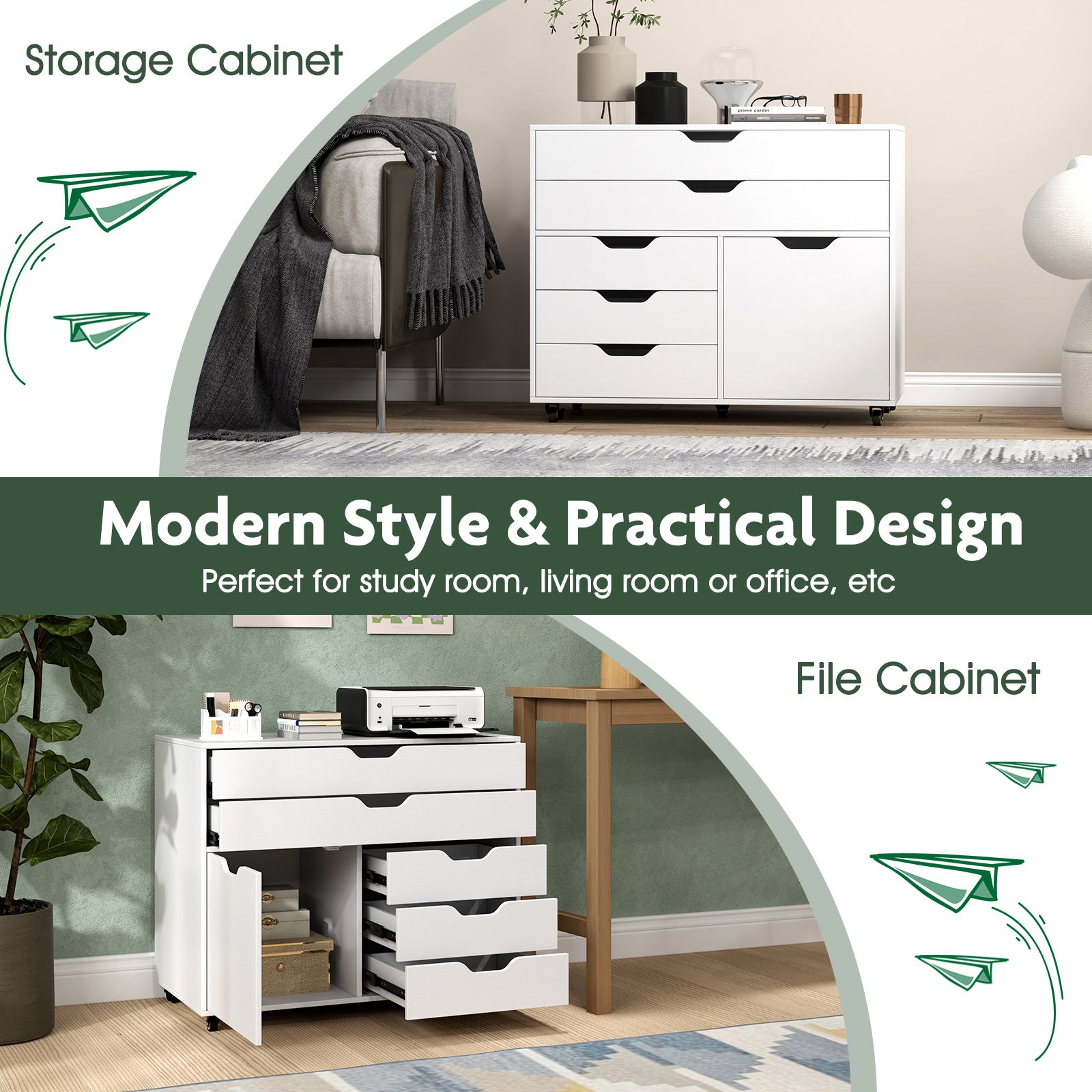 Costway 5-Drawer Rolling Storage Cabinet with Wheels - Modern Mobile Dresser for Bedroom, Office & Closet Organization