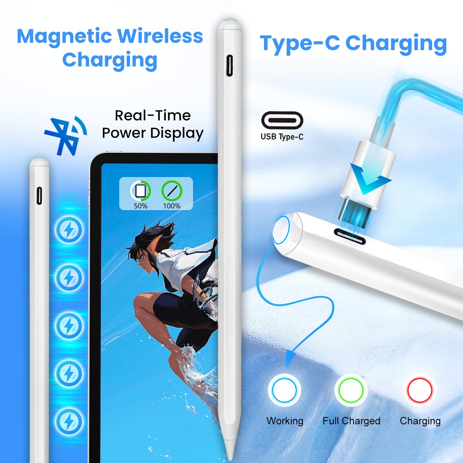 Apple Pencil for iPad 10th/9th/8th Gen, iPad Air 4th/5th Gen, iPad Mini 6th Gen & iPad Pro 11/12.9 Inch - Magnetic Wireless Charging USB-C Stylus Pen - Perfect for Drawing, Note-Taking & Professional Work