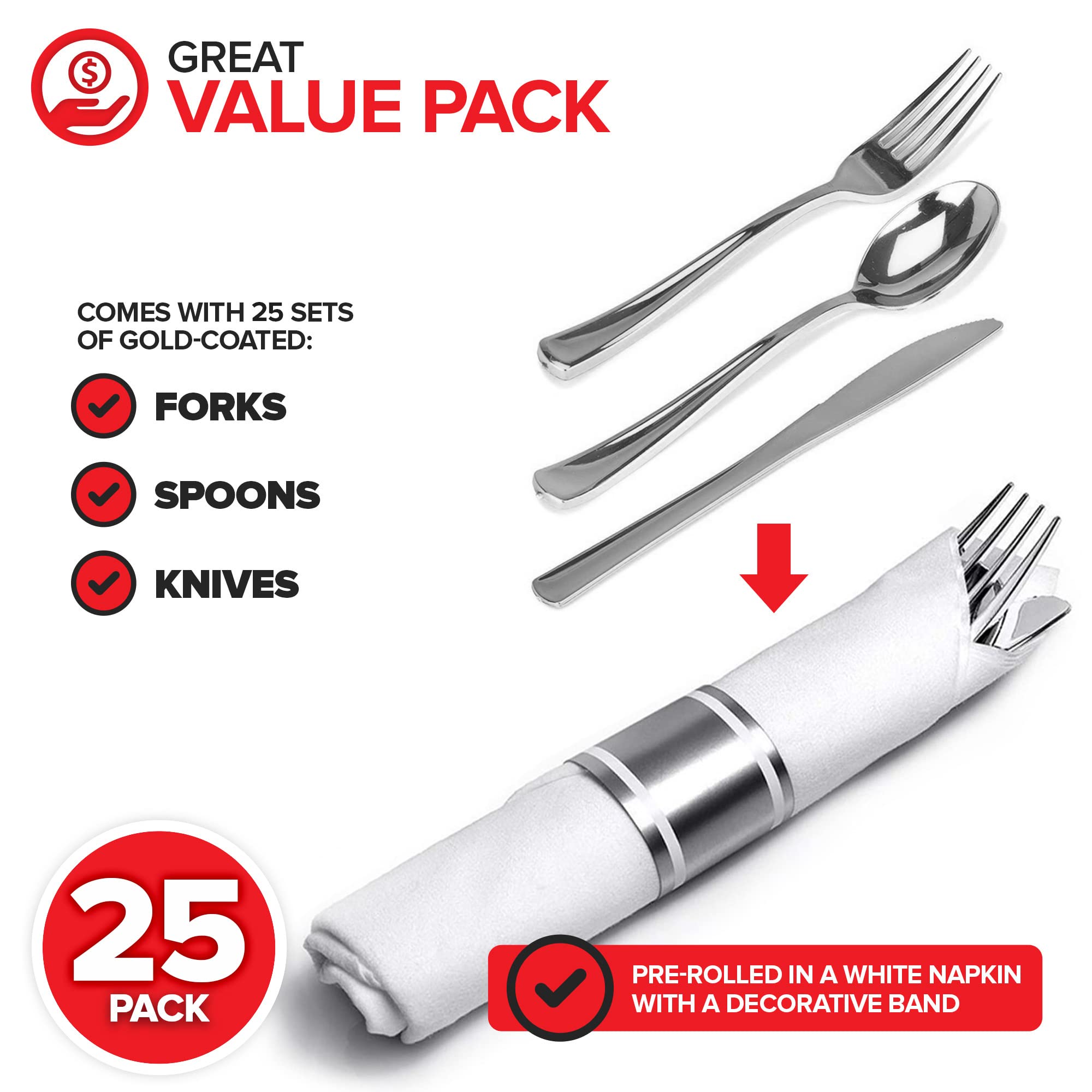 **25-Pack Premium Plastic Silverware Sets for Parties - Heavy Duty Disposable Cutlery with Spoons, Forks, Knives & Napkins | Individually Wrapped for Weddings, Thanksgiving & Events | Perfect for Catering, BBQs & Picnics**