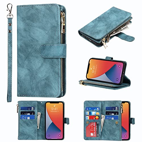 9 Card Slots Zipper Blue