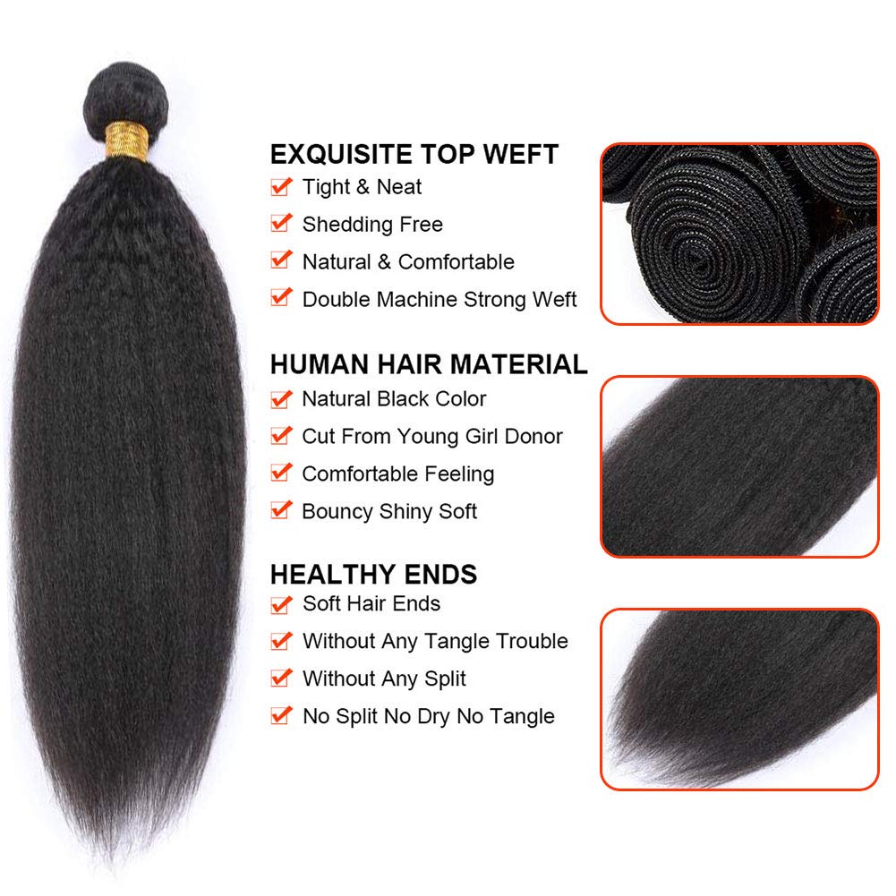 10A Yaki Kinky Straight 100% Unprocessed Brazilian Virgin Human Hair Bundles - 24/26/28 Inch Sew-in Hair Extensions for Black Women | Natural Color for Everyday Wear, Special Occasions & Protective Styling