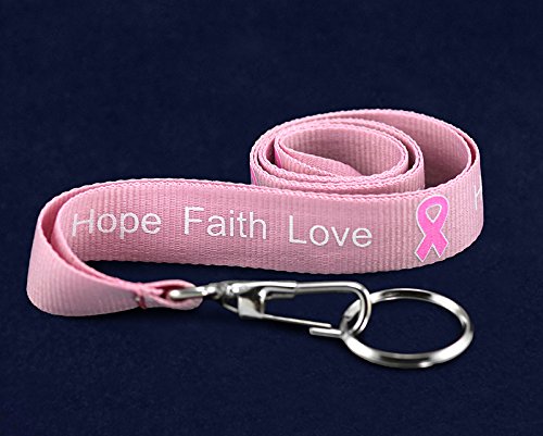 5 Pack Pink Ribbon Lanyard Badge Holder - Hope Faith Love Breast Cancer Awareness Lanyards for Fundraisers, Schools, Hospitals & Charity Events