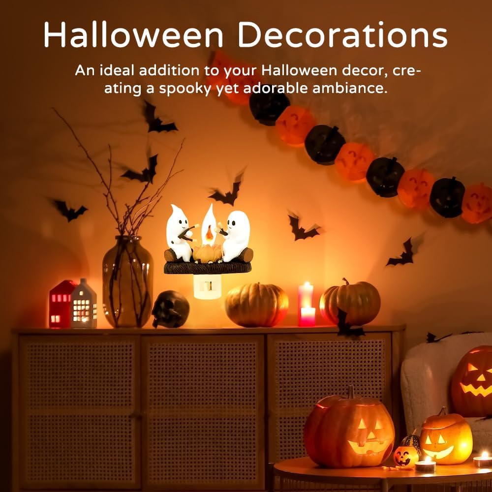Ghost Campfire Flickering Night Light - 0.5W LED 3D Spooky Fire Effect, Marshmallow Halloween Decor Plug-in Wall Light for Bedroom, Party & Outdoor Camping