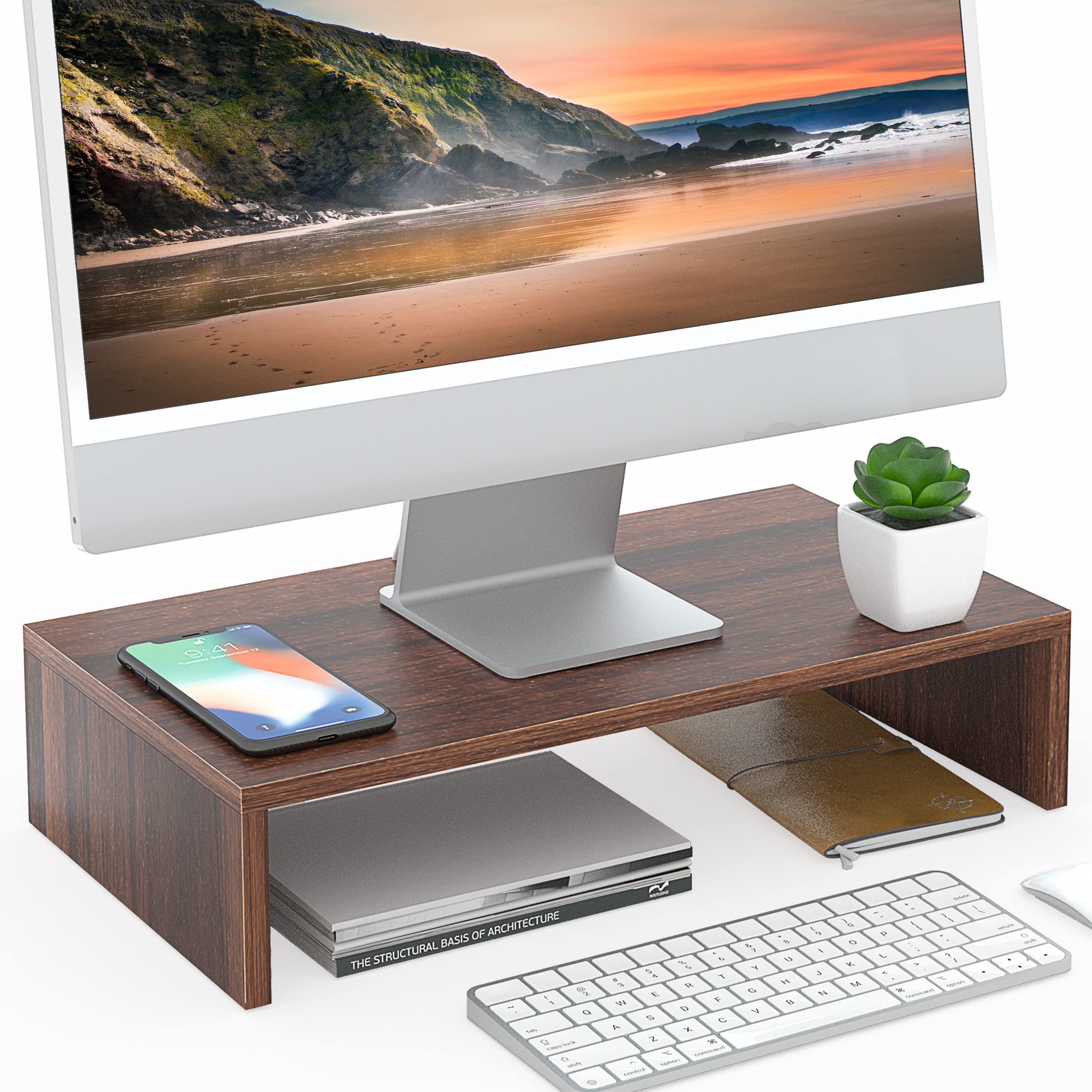 FITUEYES 16.7 Inch Wood Monitor Stand Riser with Shelf - Ergonomic Desktop Organizer for Computer Screen & Laptop - Perfect for Home Office, Gaming Setup and Workspace Organization