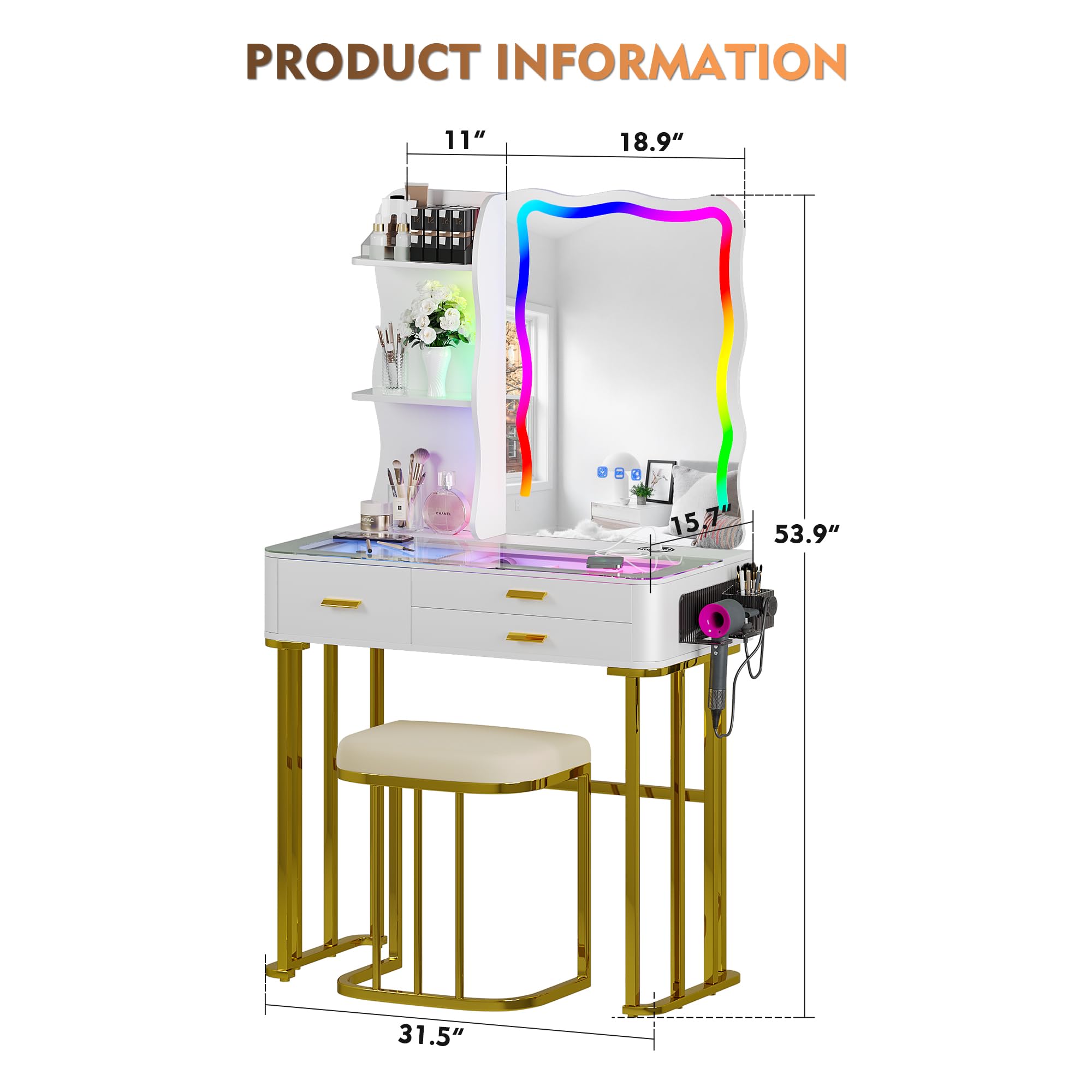 RGB Makeup Vanity Desk with Wireless Charging Station - 7 Dynamic & 7 Static Dimmable LED Lights, Glass Top Vanity Table with Auto Sensor Mirror & Stool - Perfect for Bedroom, Dressing Room & Beauty Salon Makeup Setup