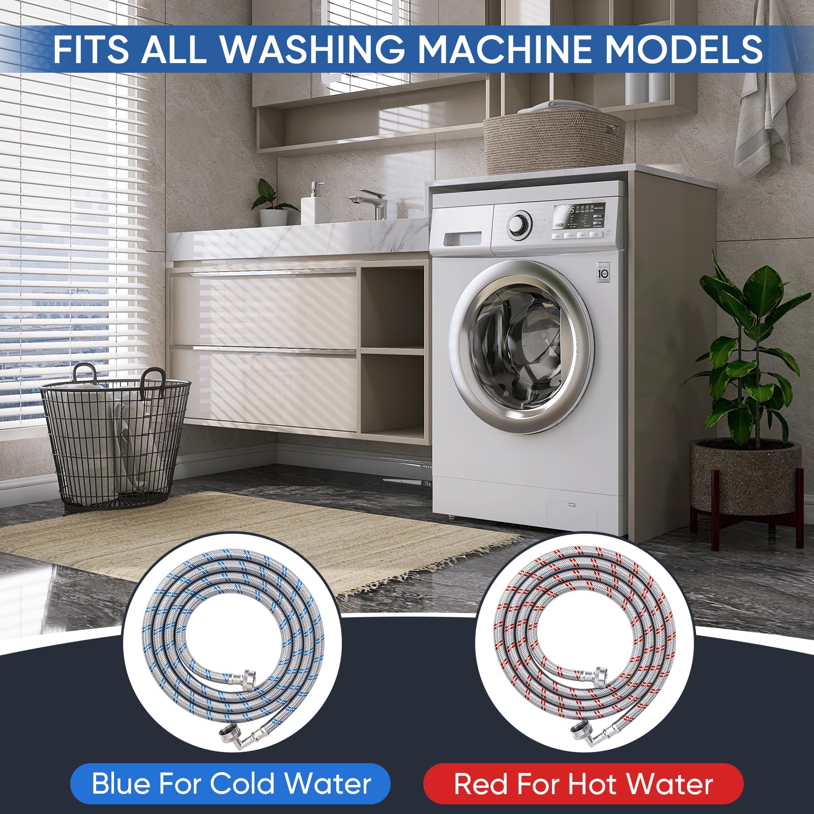 TICONN 8FT Washing Machine Hoses Set - 2 Pack Burst-Proof Stainless Steel Braided Washer Hoses with EPDM Core & 90 Degree Elbow, 3/4