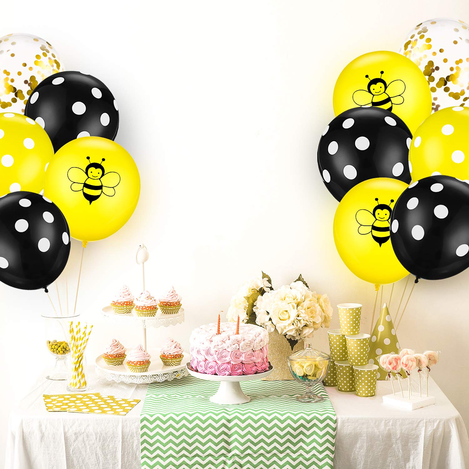 48-Piece Happy Bee Day Balloons Set - Gold Confetti & Polka Dot Latex Balloons with Bee Print for Baby Showers, Birthday Parties, Nursery Decor & Bee-Themed Celebrations