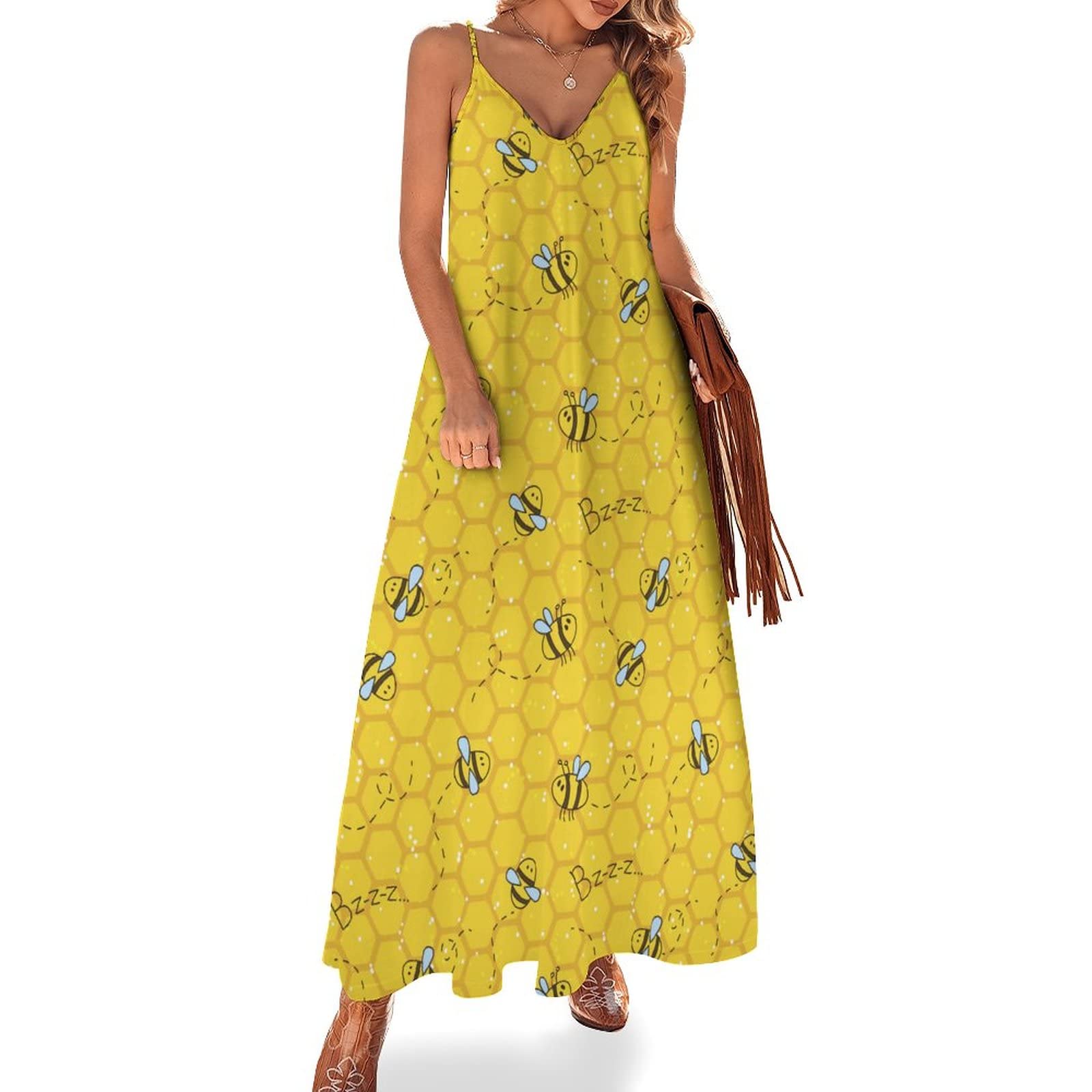 **Women's Honey Bee Print Maxi Dress - Cute Summer Sundress for Vacation & Beach Outfits | Perfect for Casual Wear, Outdoor Activities & Travel**