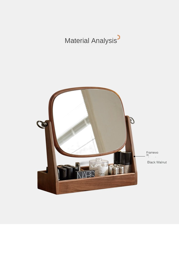 Premium Black Walnut Solid Wood Makeup Mirror & Jewelry Storage Box with 360° Rotation - Perfect for Vanity, Dressing Table, and Bathroom Organizer