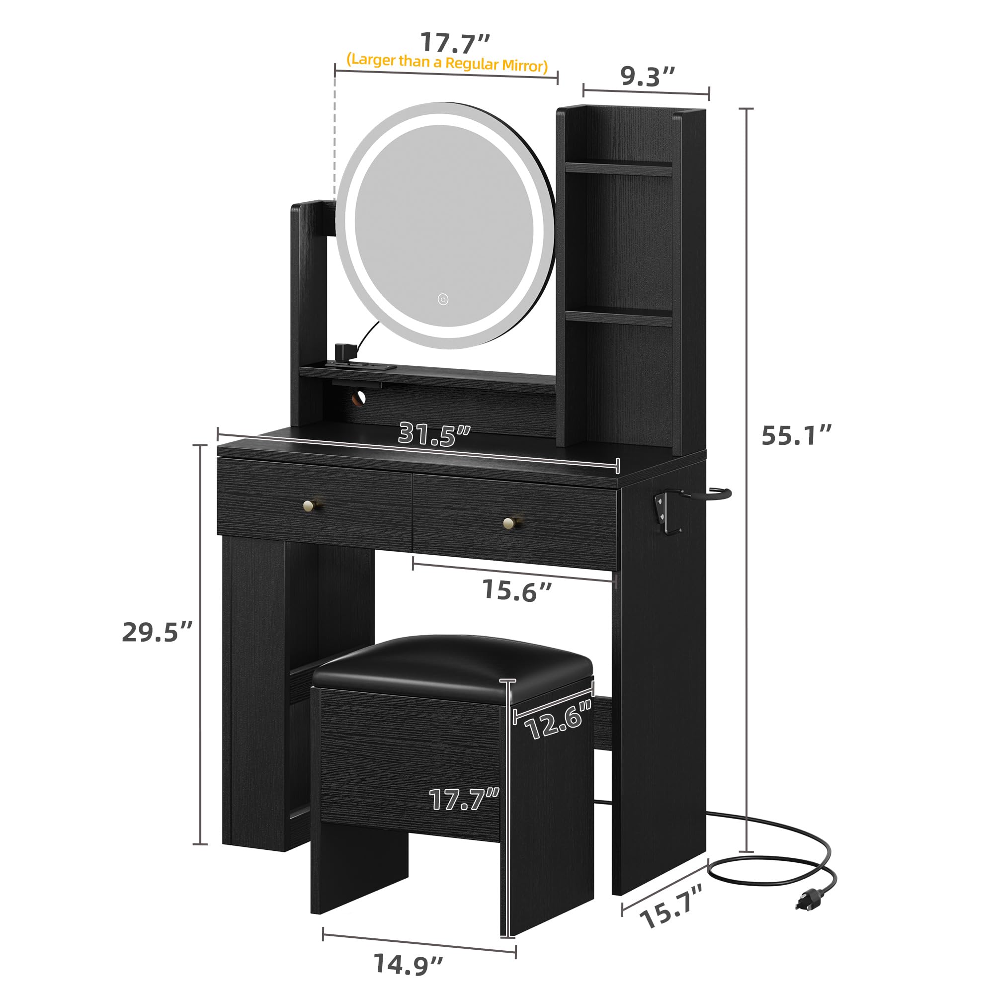 DWVO Makeup Vanity Desk with LED Lights & Mirror, 3-Color Lighting & Power Outlets - Dark Black Dressing Table with 3 Drawers & Storage Shelves, Includes Stool - Perfect for Bedroom, Home Salon & Beauty Room Organization