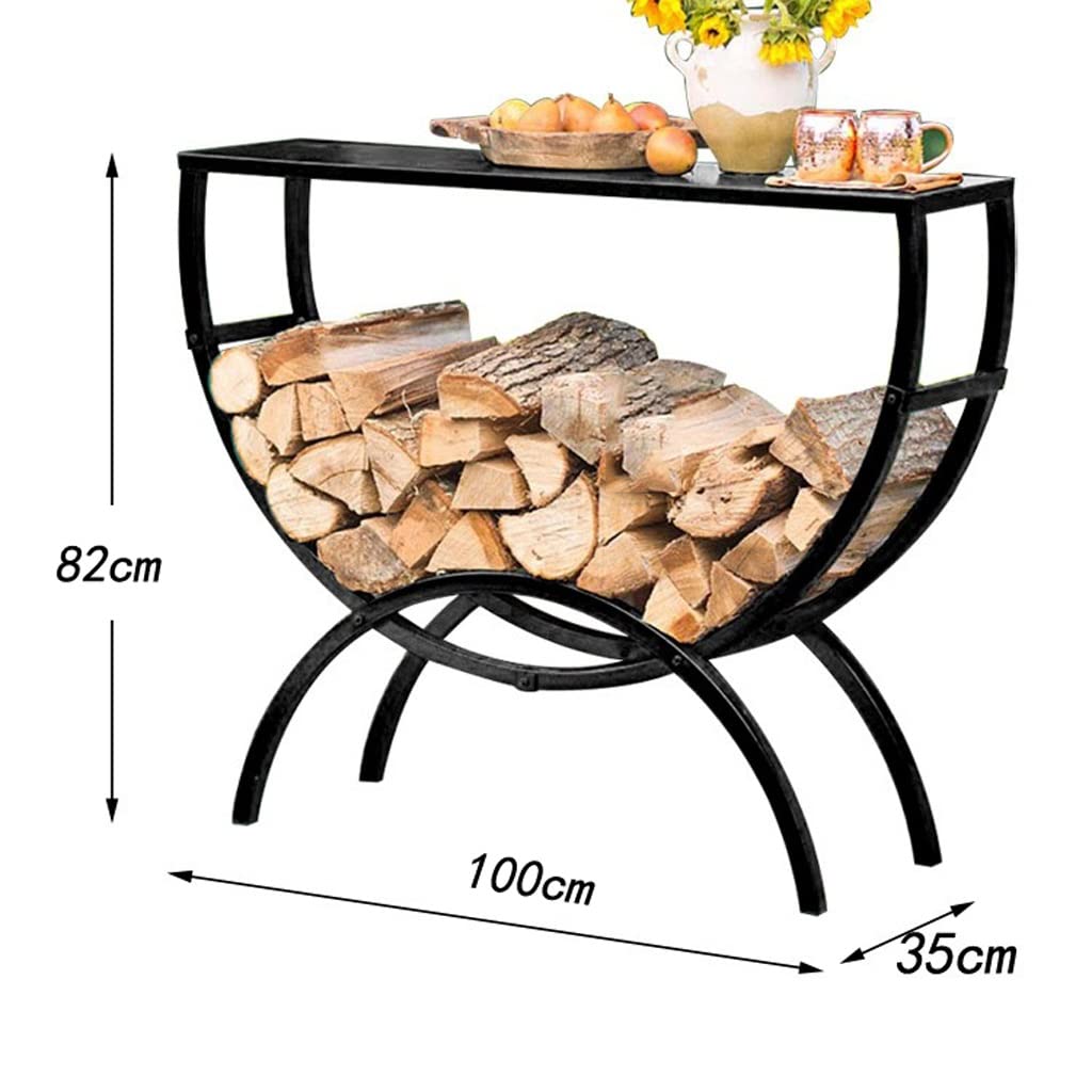 Black Iron Wood Storage Rack - 100x82 Inch Firewood Holder for Outdoor Use, Multi-Functional Entryway Table | Perfect for Patio, Fireplace & Garden Organization