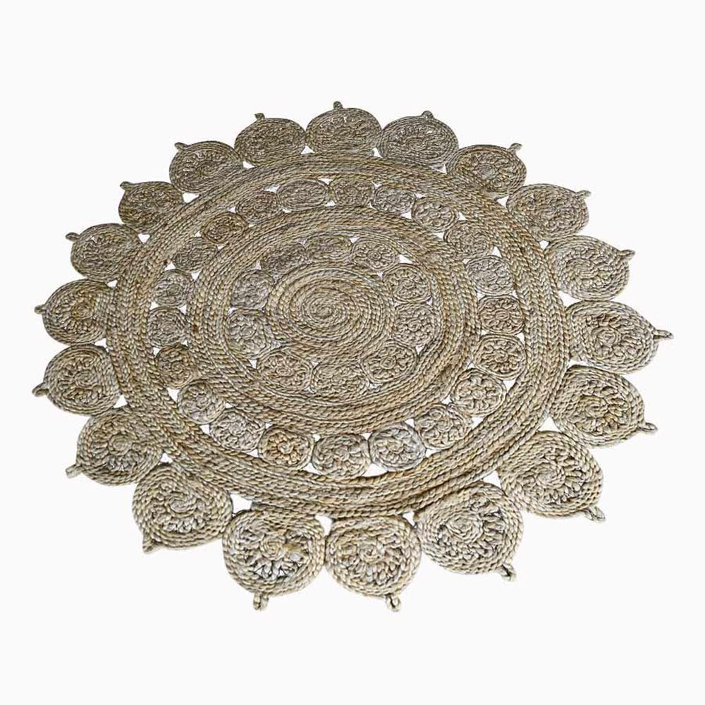 Hand Woven Jute Eco-Friendly Round Oriental Area Rug - 5'x5' Natural Fiber High Pile Cream Rug for Living Room, Bedroom, Patio | Indoor Outdoor Bohemian Decor, Meditation Space & Cozy Home Accent