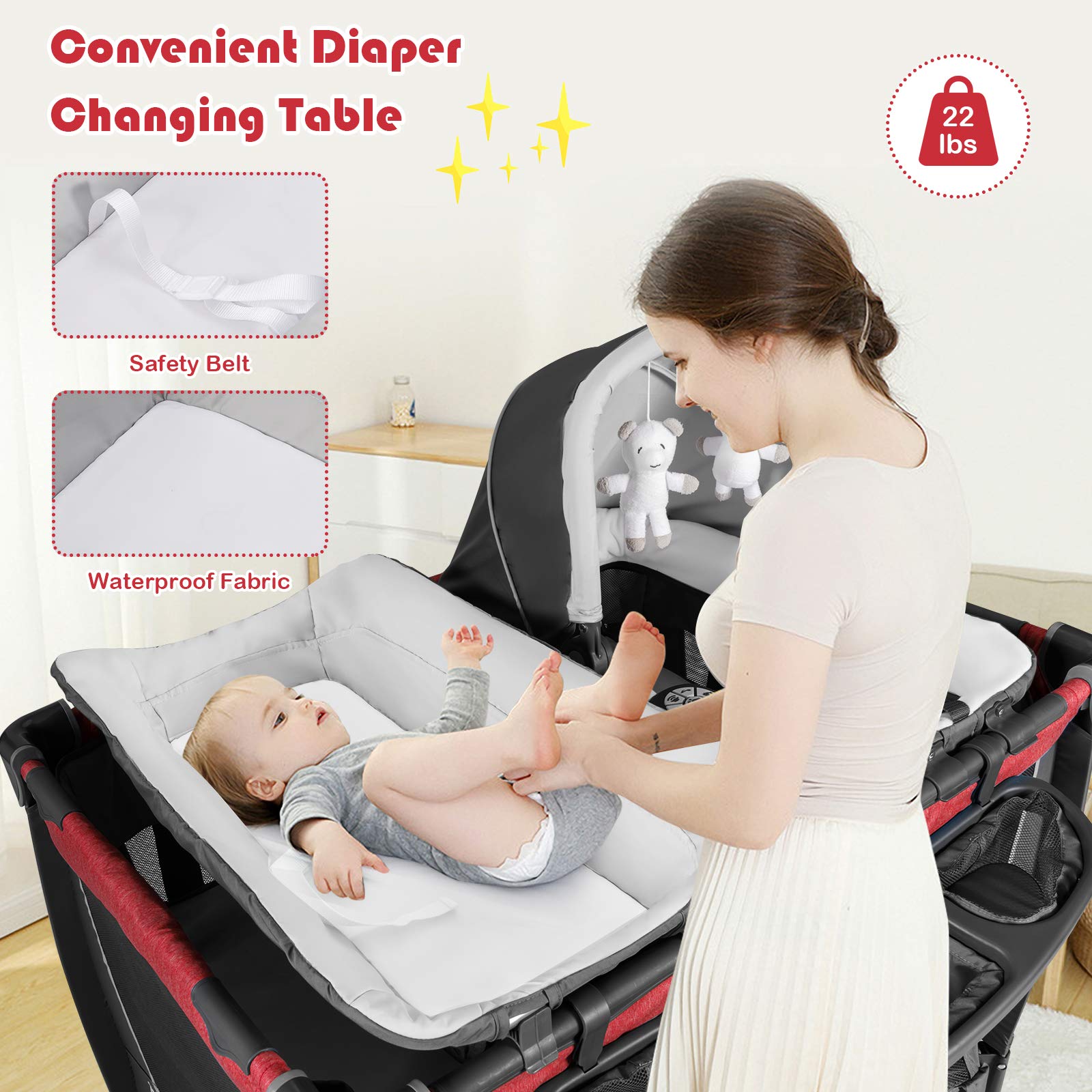 BABY JOY 4-in-1 Portable Playard with Bassinet, Changing Table & Activity Center - Baby Nursery Playpen with Music, Toys & Storage Bag for Newborns & Toddlers (Rose, Classic) - Perfect for Home, Travel & Daycare Use
