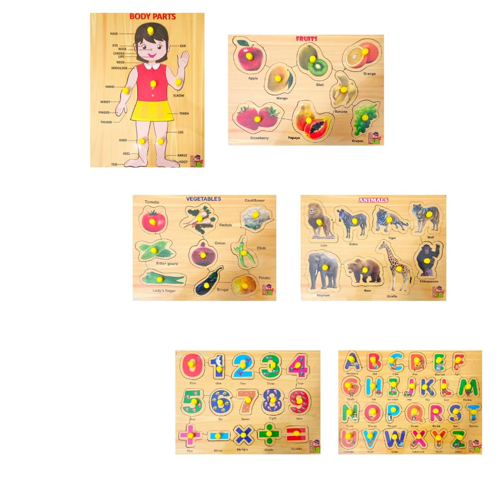 **Educational Wooden Puzzle Set for Kids & Adults - Body Parts, Fruits, Vegetables, Wild Animals, Numbers 0-10, ABCs - Montessori Learning Toys for Toddlers 3+ | Perfect for Homeschooling, Classroom & Family Game Night**