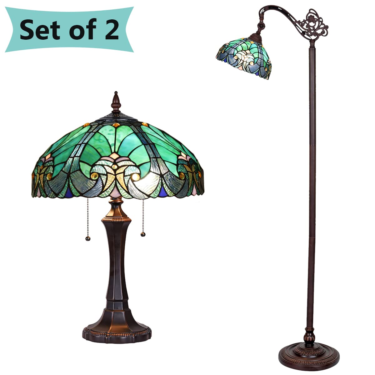 Tiffany Style Stained Glass Table Lamp & Floor Lamp Set of 2 - Elegant Reading Light for Living Room, Bedroom, Office - Perfect for Home Decor, Study Nook & Cozy Reading Corner