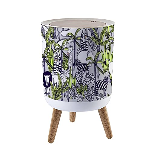 Nordic Style Push Top Trash Can with Lid - 1.8 Gallon (7L) Modern Round Garbage Bin with Animal Prints (Elephant, Zebra, Camel, Tiger) - Scandinavian Design with Sturdy Legs - Perfect for Kitchen, Bathroom, Office, or Pet-Friendly Homes - Odor-Containing & Dog-Proof Waste Bin