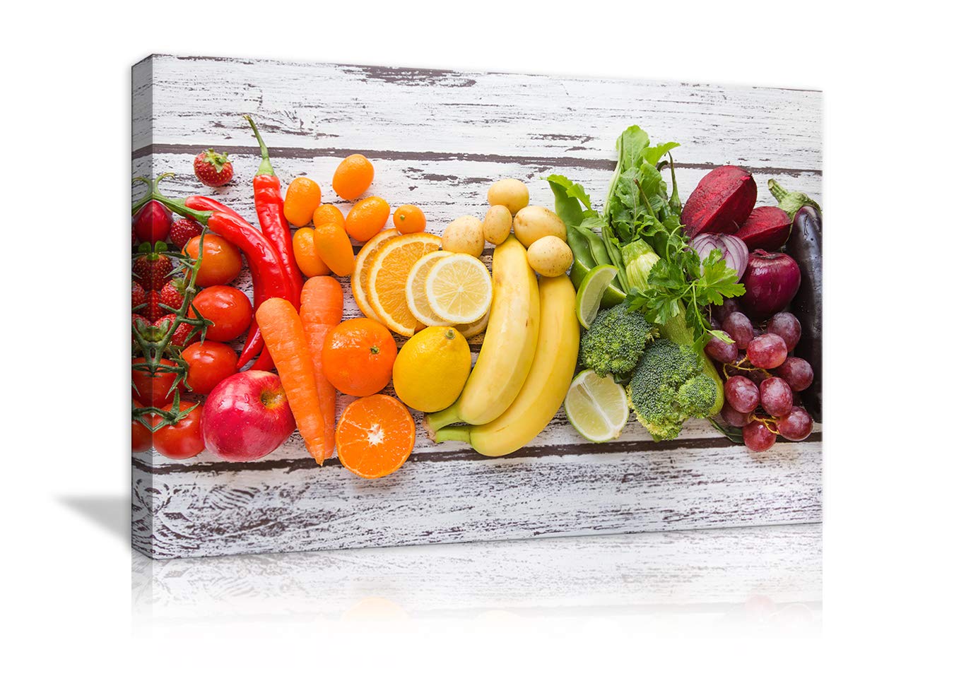 AMEMNY Kitchen Canvas Wall Art - Multicolored Fruits & Vegetables Print on White Wood Background - Giclee Gallery Wrap Ready to Hang - Perfect for Modern Home, Restaurant & Cafe Decor