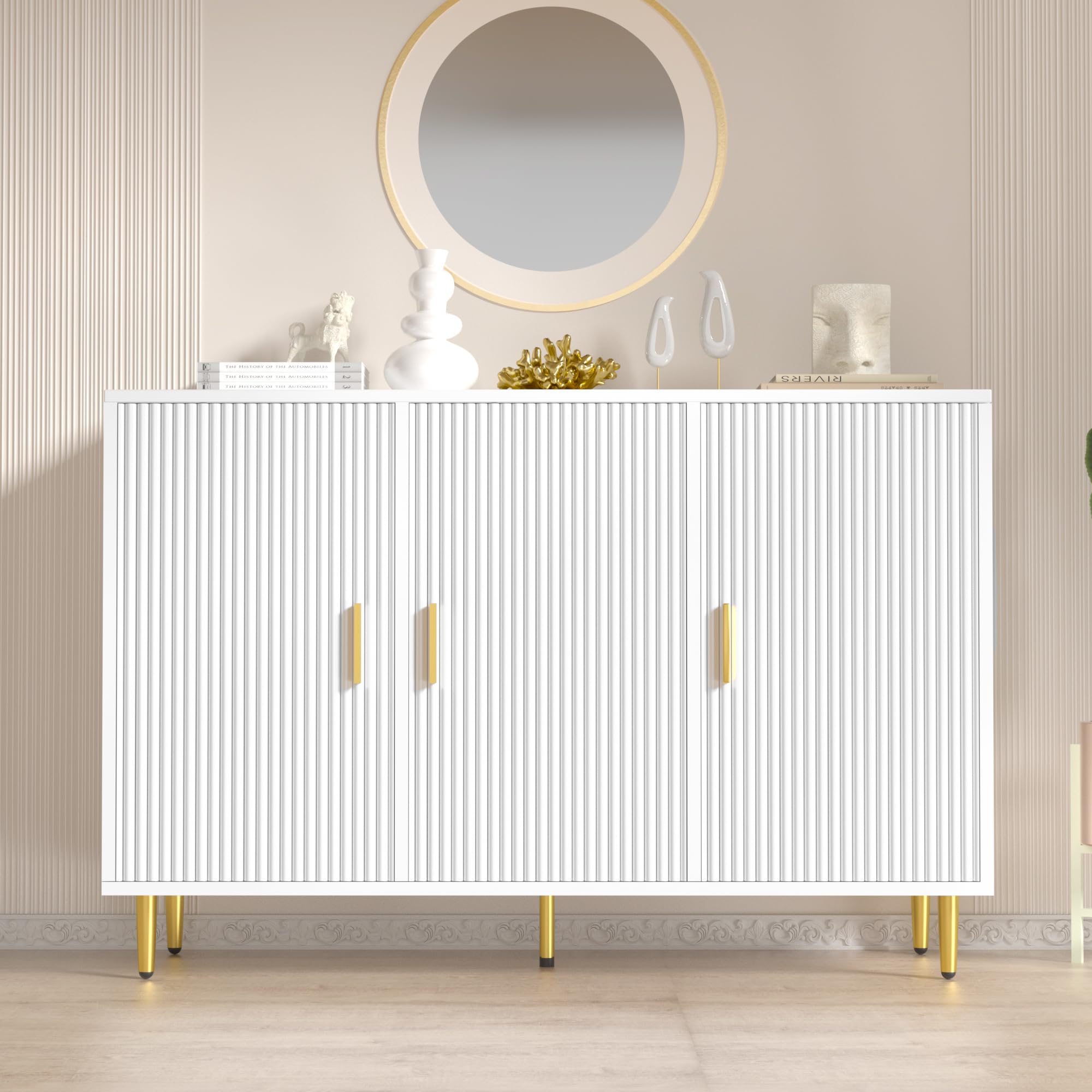 White Sideboard Buffet Cabinet with 3 Doors - Modern Accent Coffee Bar & Entryway Storage for Living Room, Kitchen, Hallway - Perfect for Home Decor, Dining Room Organization & Small Space Storage Solutions