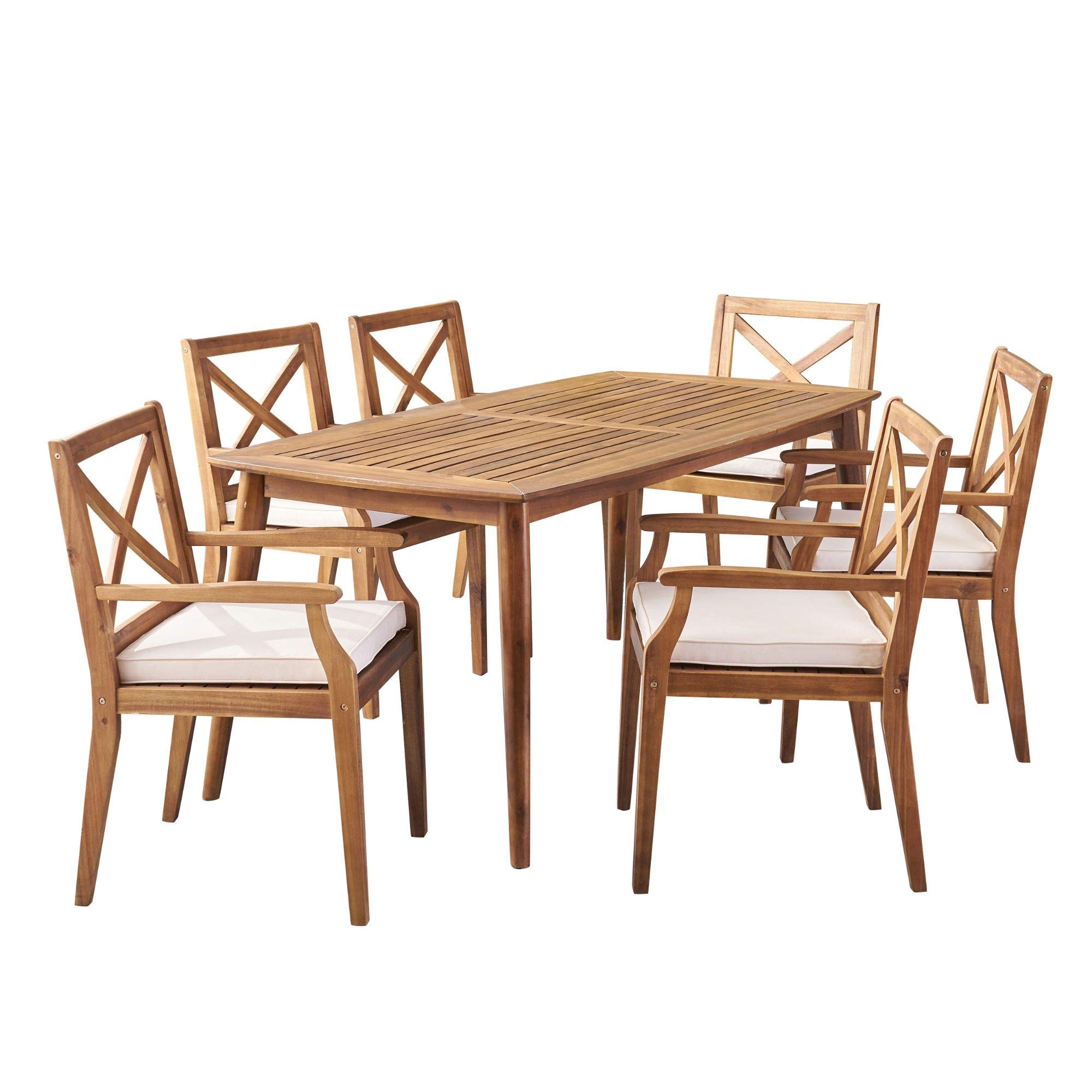 7-Piece Brown Contemporary Outdoor Patio Dining Set with Cream White Cushions - Durable Wicker Furniture for Backyard, Garden, Poolside & Deck Relaxation