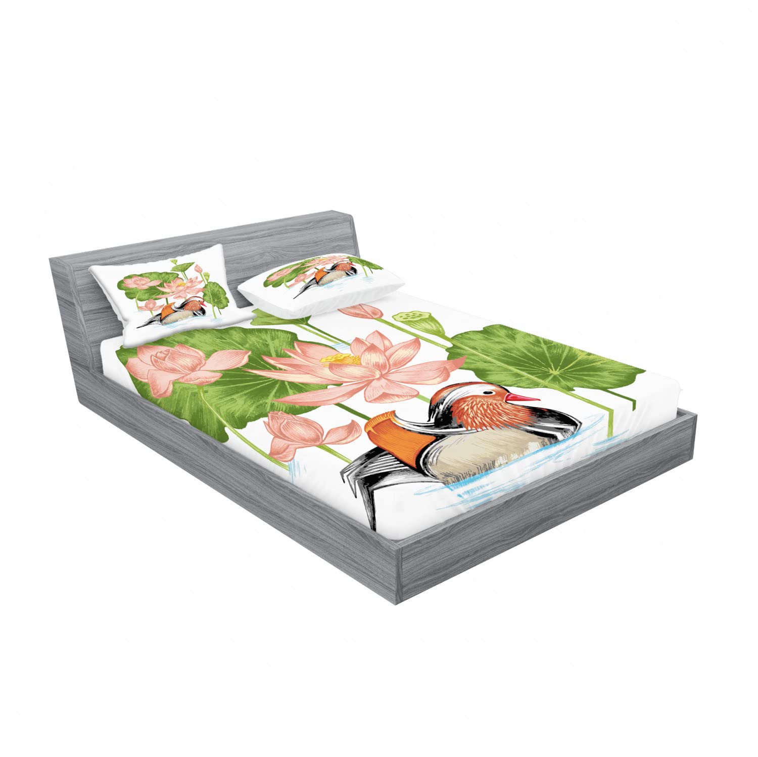 Ambesonne 2-Pack Duck King Size Fitted Sheet Set with 4 Pillow Shams - Mandarin Duck in Pond Design, White Green Pink Bedding Decor for Master Bedroom, Guest Room & Nursery (4-Piece Set)
