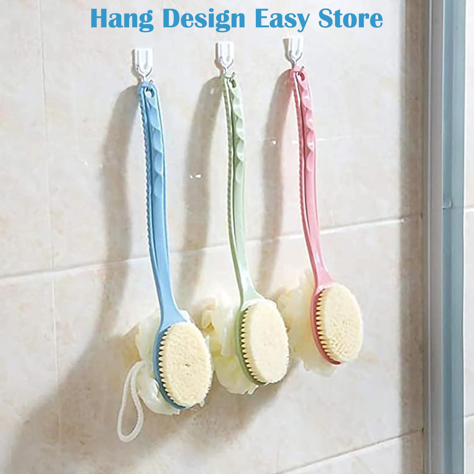 Bamyko 2-Pack Shower Body Brush with Bristles & Loofah - Exfoliating Back Scrubber & Bath Mesh Sponge - Anti-Slip Curved Handle for Wet/Dry Skin Care - Includes 2 Hooks (Perfect for Deep Cleansing & Relaxing Spa Experience)