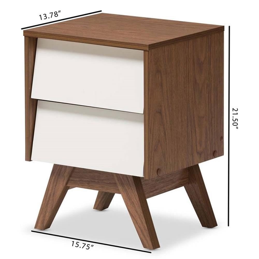 MAKLAINE Modern 2-Drawer Nightstand - White & Walnut Brown Wood Bedside Table with Storage for Bedroom, Living Room, or Office