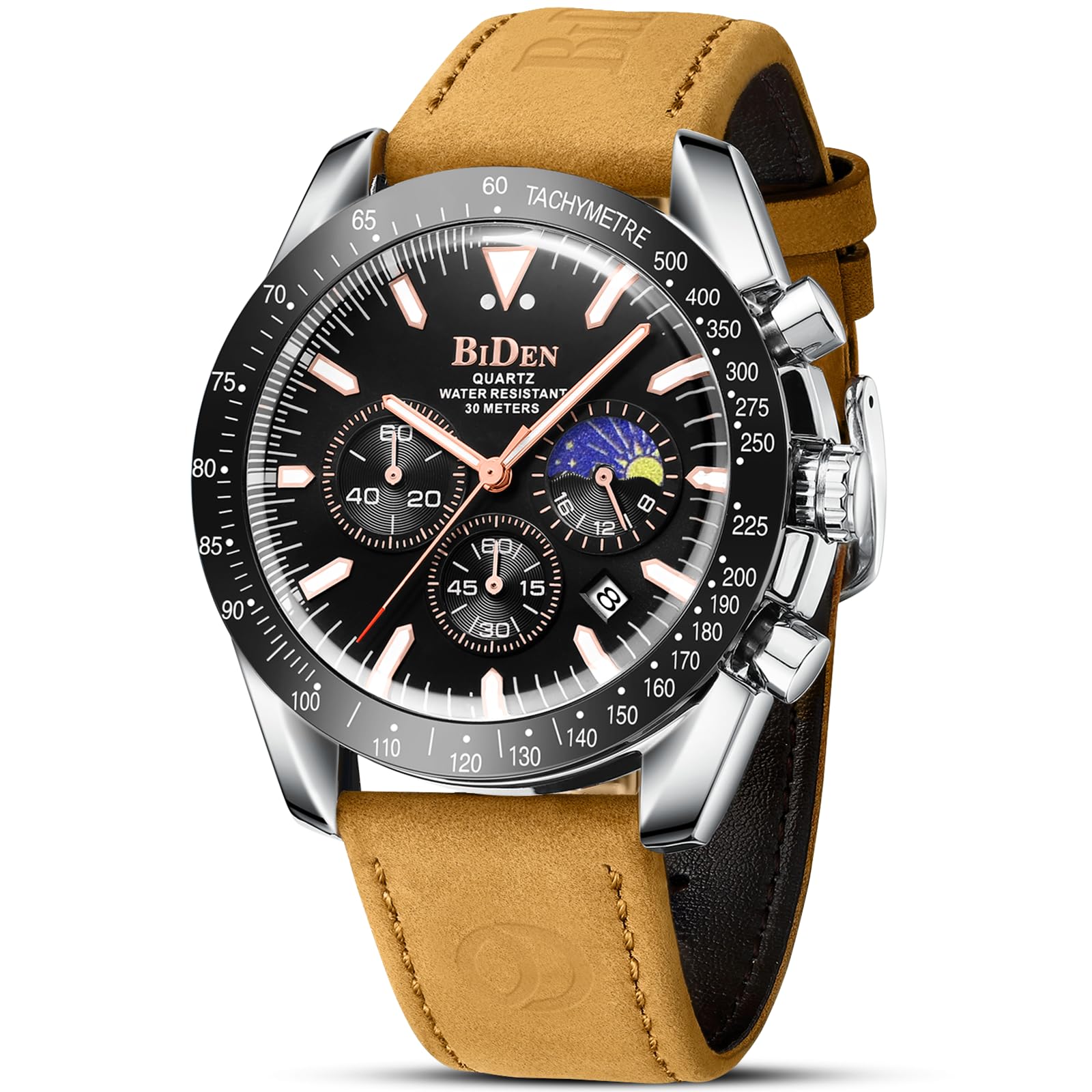 HANPOSH Men's Analog Quartz Chronograph Watch - Luxury Genuine Leather Business Watch with Date, Luminous Hands, Waterproof & Moon Phase - Perfect Gift for Dad, Husband, or Businessmen (Office, Formal Events, Daily Wear)