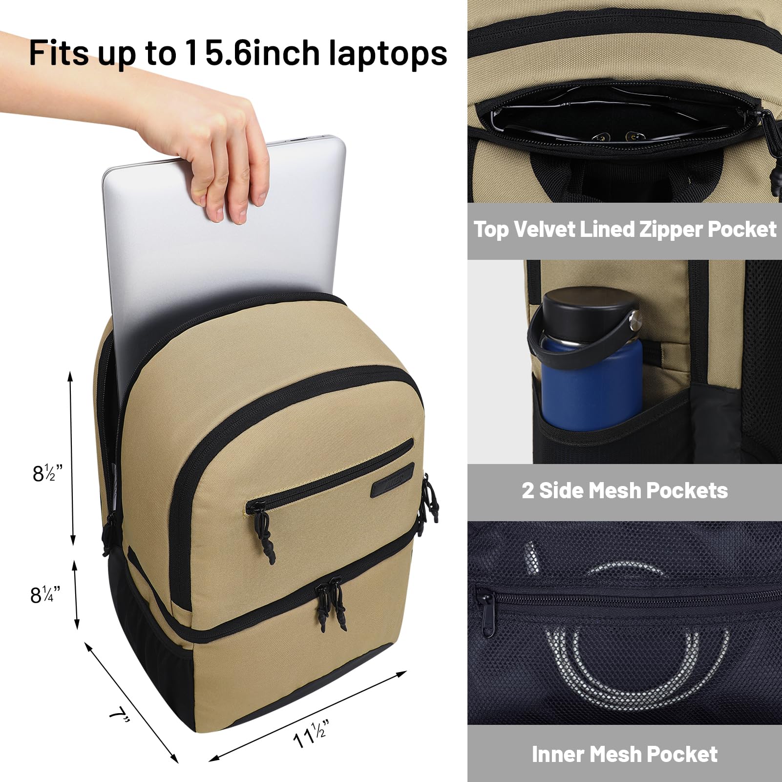 MIER Insulated Cooler Backpack for Men & Women - 2 in 1 Dual Compartment Lunch Bag with Laptop Sleeve - Perfect for Work, Picnics, Beach & Outdoor Activities - Khaki