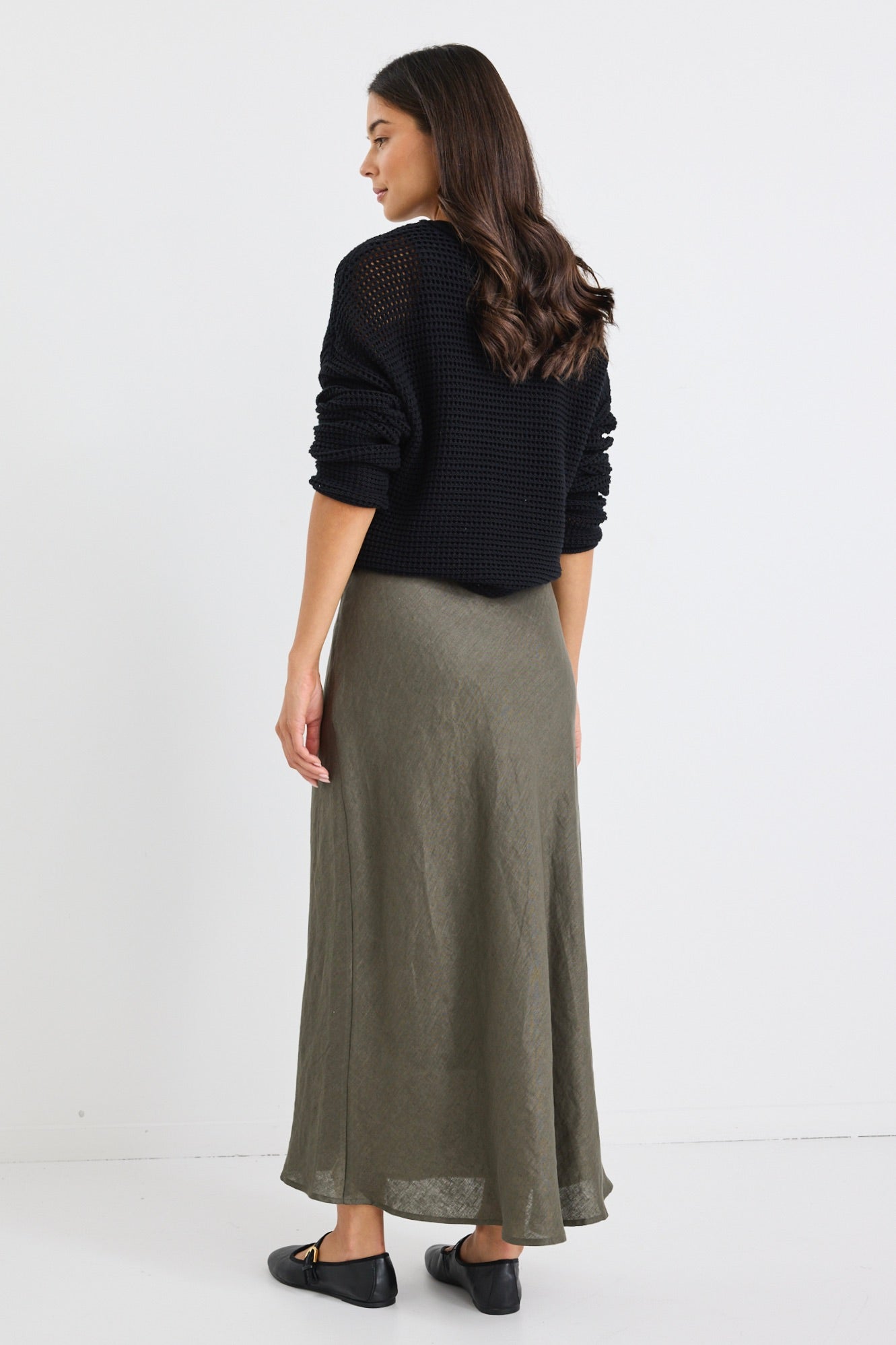 Bliss Khaki Linen Midi Skirt for Women - A-Line Bias Cut Summer Skirt with Pockets | Perfect for Beach Vacations, Brunch Dates & Casual Outings