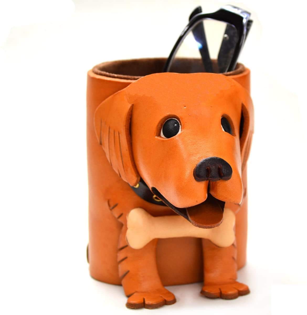 Golden Retriever Genuine Leather Dog Eyeglasses Holder Stand - Handmade in Japan by VANCA - Perfect for Home Office Desk Organization & Pet Lover Gifts