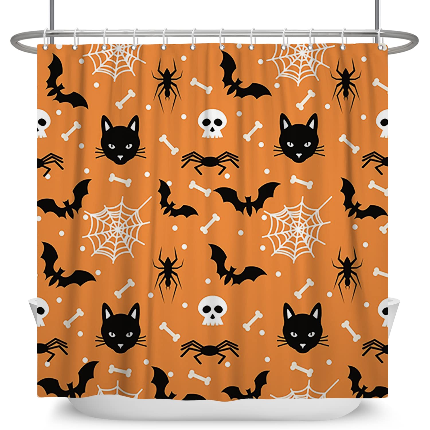 Spooky Halloween Shower Curtain Set for Kids - Waterproof 60x72 Inch Polyester Fabric with Spider Web, Bat, Skull & Pumpkin Design - Perfect for Bathroom Decor, Halloween Party & Themed Rooms
