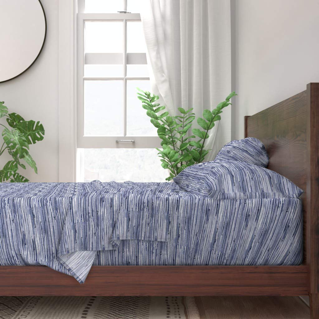 Premium 100% Cotton Twin Sheet Set - 3pc Navy Faux Grass Cloth with Abstract Minimalist Blue & White Nautical Print | Soft Breathable Bedding for Coastal & Modern Home Decor