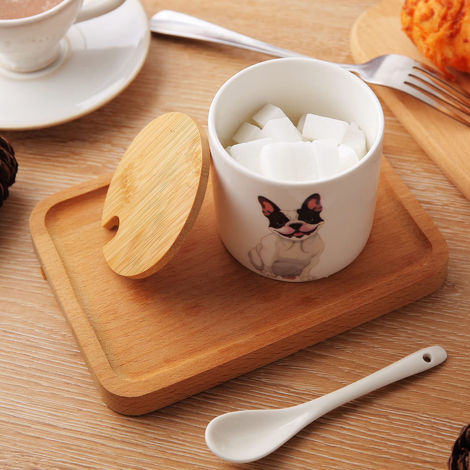Ceramic Sugar Bowl with Wooden Lid & Stainless Steel Spoon - 9oz/266ml Dog Pattern Porcelain Sugar Container - Perfect for Coffee, Tea, Baking & Home Decor - Ideal Gift for Dog Lovers & Pet Owners