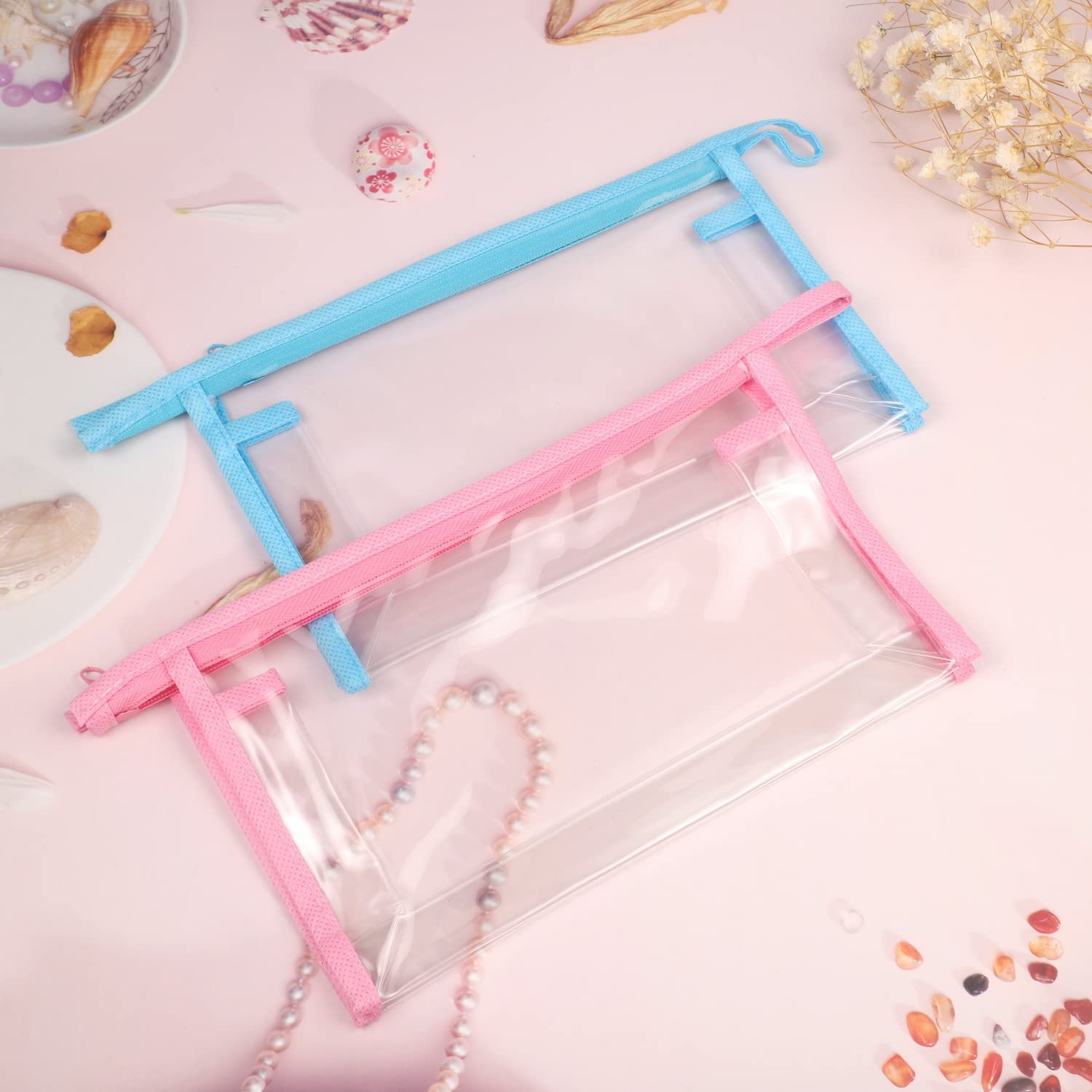 Voarge 2-Pack Clear PVC Pencil Cases & Makeup Bags - Waterproof Transparent Zipper Pouches for School, Exams, Travel & Cosmetics - Portable Organizer for Students & Women (Blue & Pink) - Perfect for School Supplies, Toiletries & Daily Essentials