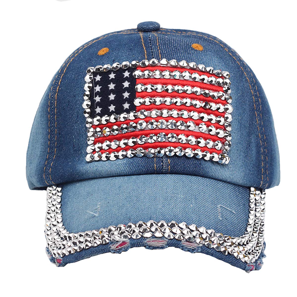 MissFun American Flag Baseball Cap with Silver Jewel Bling - Stylish Denim Wash Hat for Women | Perfect for 4th of July, Sports Games & Patriotic Events