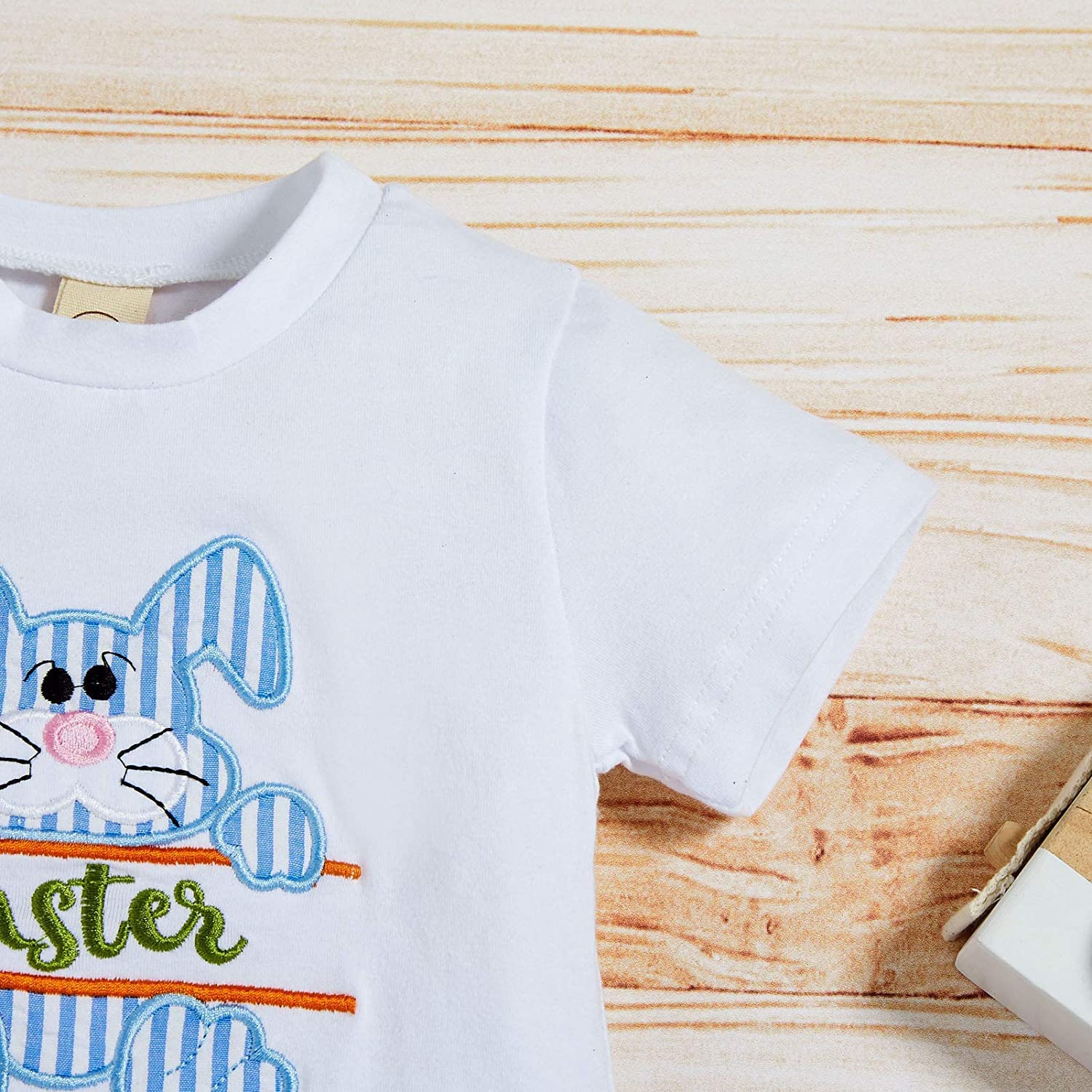 Sinhoon Baby Girl & Boy Easter Outfits - Bunny Pattern Romper with Blue Stripes Suspenders - Adorable Toddler Easter Clothes Set for Spring Photoshoots & Holiday Celebrations