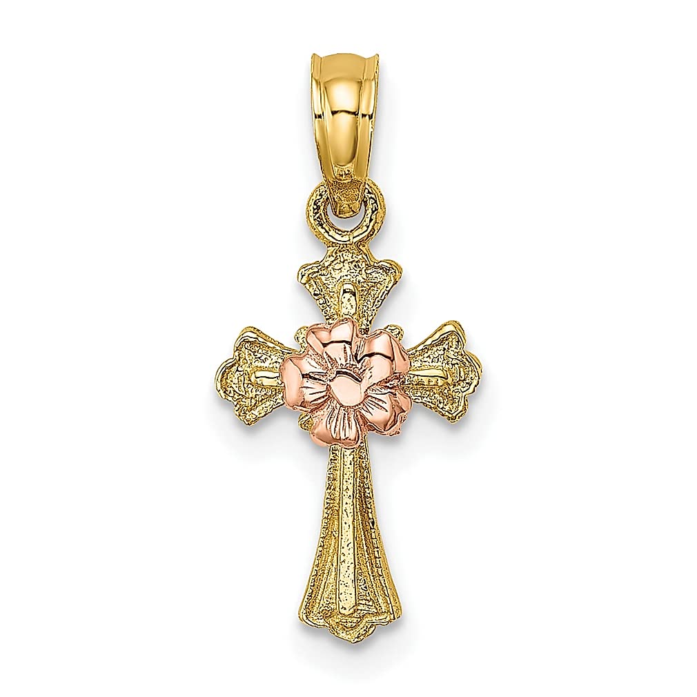 14K Two-Tone Yellow Gold Cross Pendant Necklace with Small Flower Charm - Religious Jewelry for Women, Perfect Gift for Her - Ideal for Church, Weddings, and Special Occasions