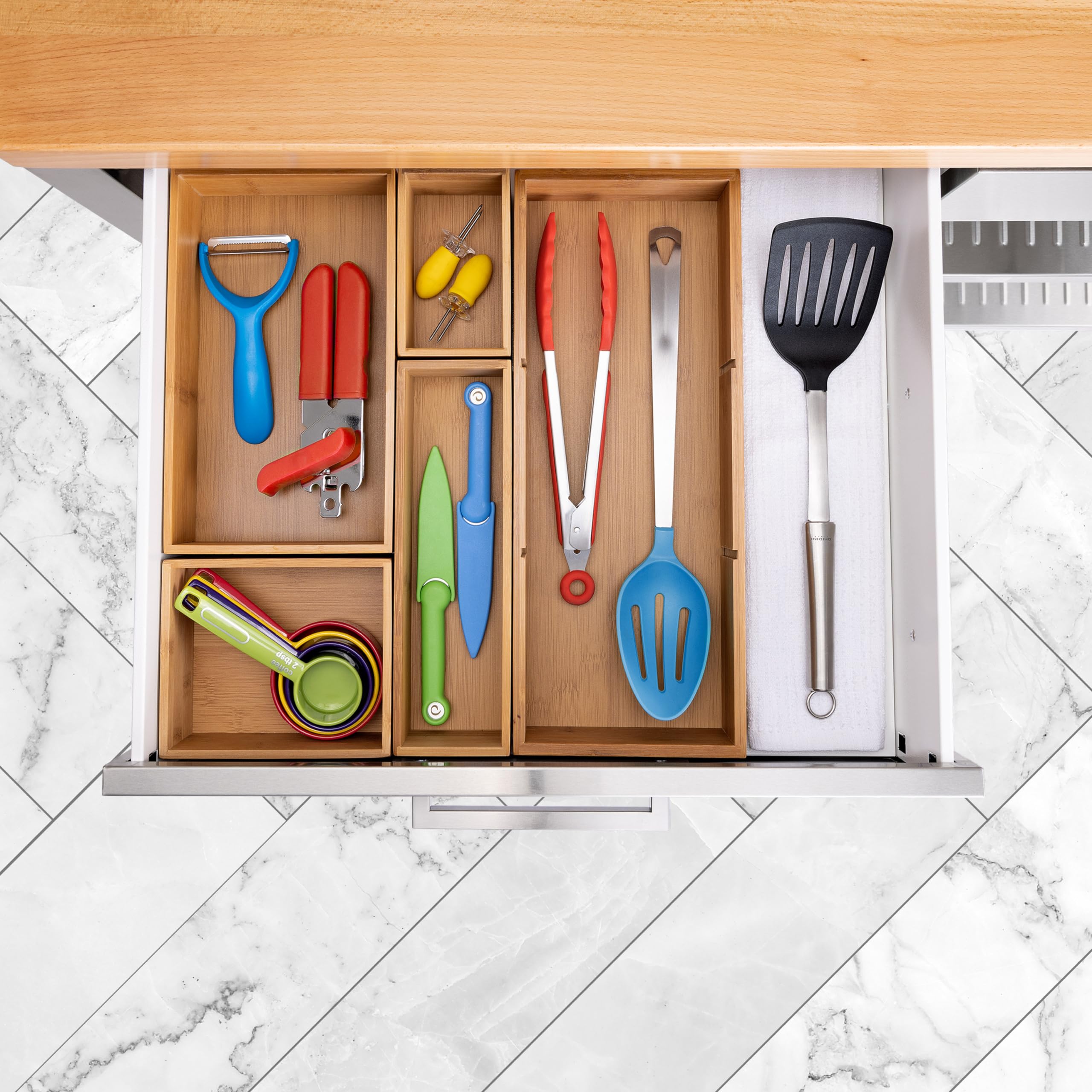Seville Classics Premium Bamboo Organizer Storage Bins Set with Dividers - 5 Piece for Kitchen, Pantry, Closet & Office (Silverware, Utensils, Pens, Makeup, K-Cups) | Durable & Stylish Home Organization Solution