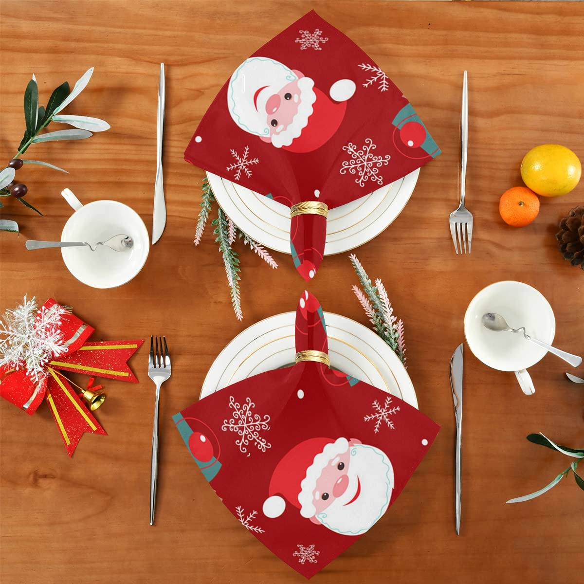Festive Santa Claus Christmas Cloth Napkins - Set of 6 Reusable 20x20 Inch Polyester Dinner Napkins for Holiday Parties, Weddings & Home Decor (Red & White Holiday Table Setting)