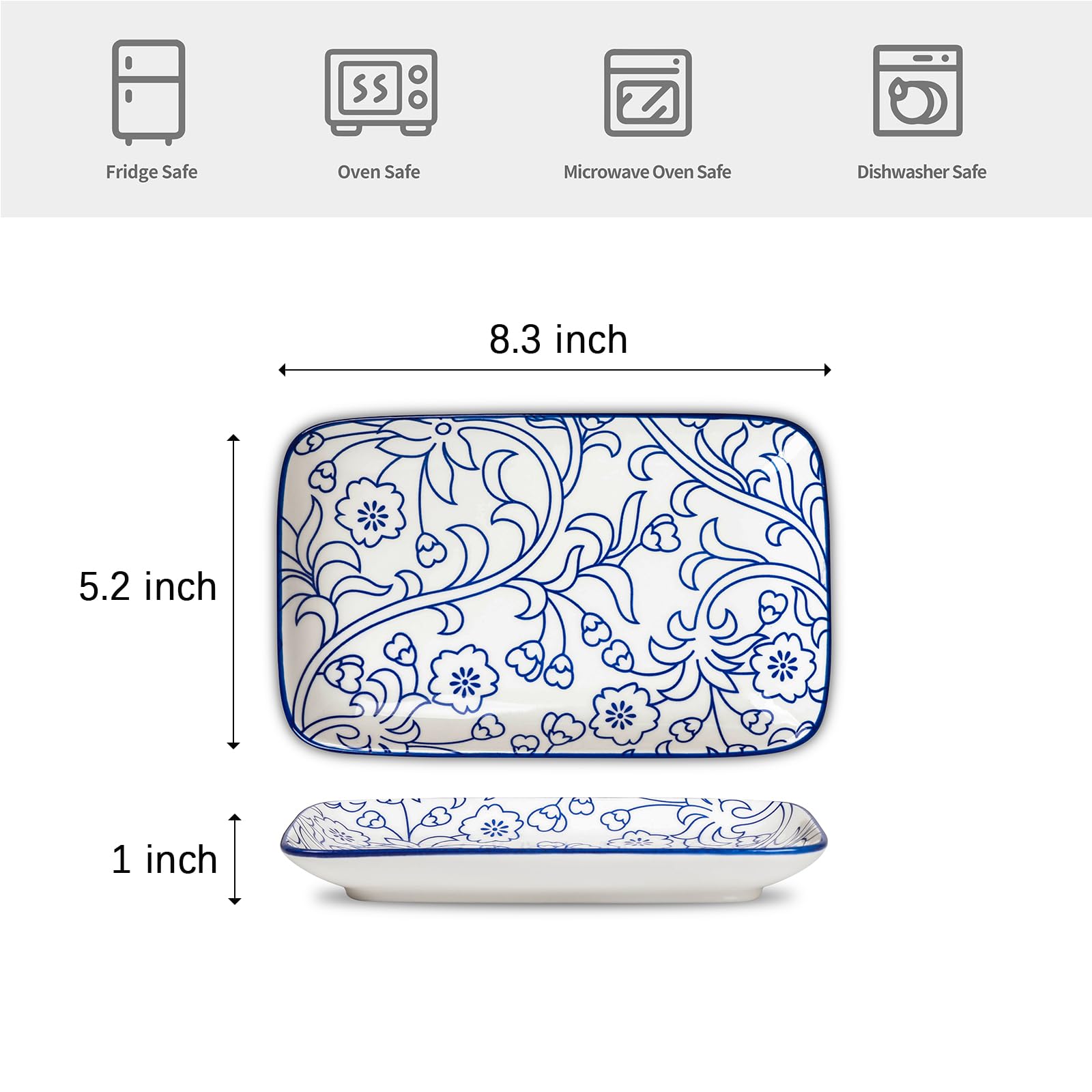 Selamica 8 Inch Ceramic Rectangular Salad Plates Set of 4 - Vintage Blue Small Dinner Plates for Party, Appetizers, Sushi & Dessert | Perfect for Entertaining, Restaurants & Home Dining